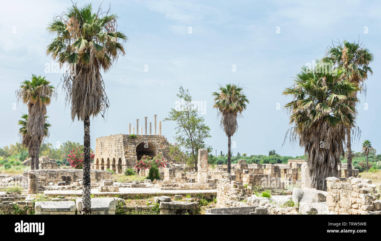 Ripristinato sedi dell'ippodromo, Al Bass sito archeologico, pneumatico, Libano Foto Stock