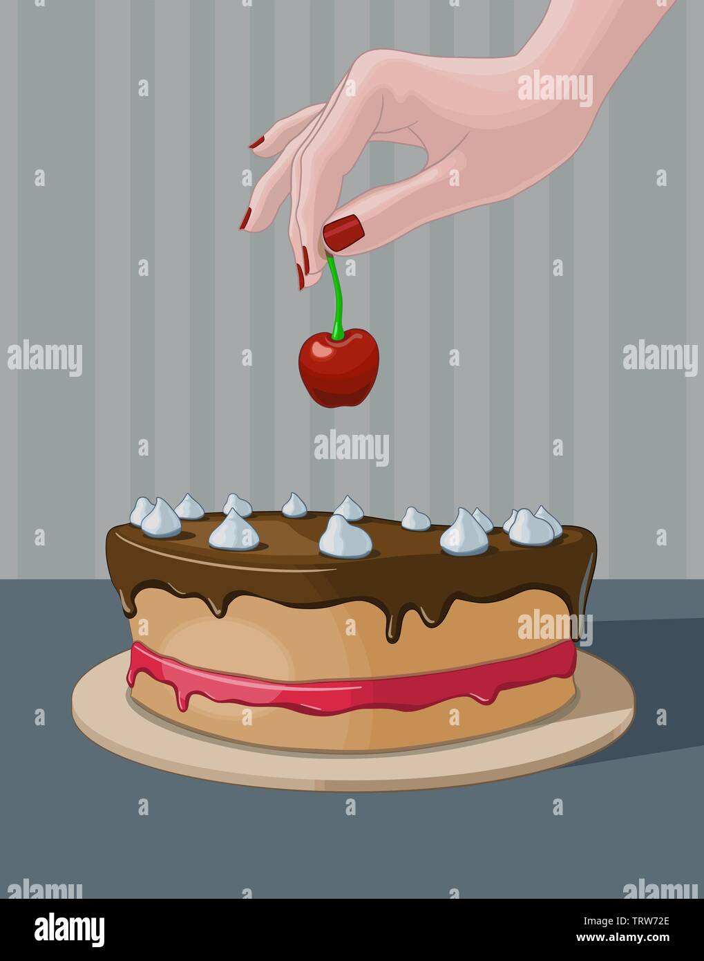 Donna di mano decorare una torta con una ciliegia. Illustrazione Vettoriale. Illustrazione Vettoriale