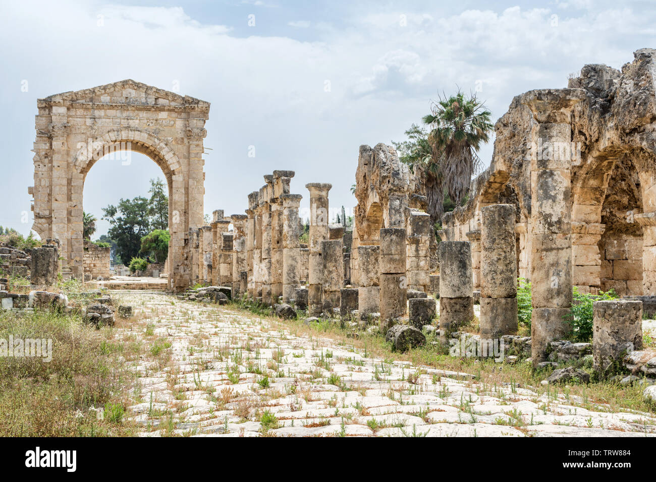 Arco di Trionfo di Adriano, al Bass sito archeologico, pneumatico, Libano Foto Stock