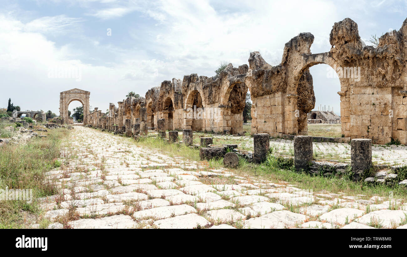 Acquedotti Romani e strada con arco trionfale di Adriano, al Bass sito archeologico, pneumatico, Libano Foto Stock