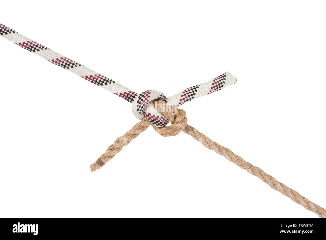 Rigger's bend knot unendo due cavi isolati su sfondo bianco Foto Stock