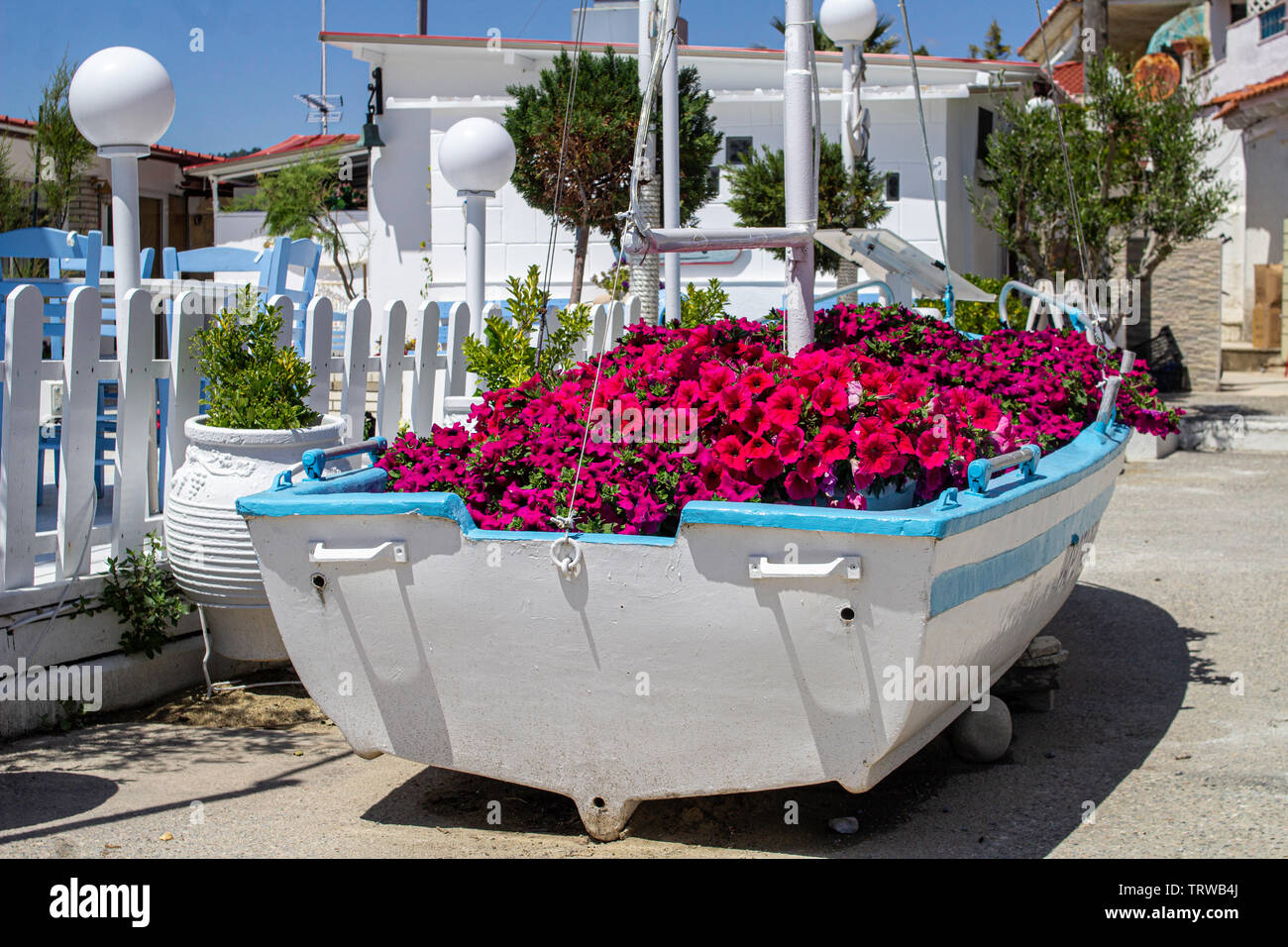 Una vecchia barca trasformata in un fiore display,visualizzando una bella disposizione di nelle petunie a Halkidiki, Grecia. Foto Stock
