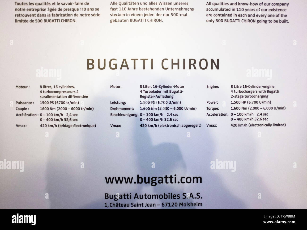 Bugatti Chiron auto, specifiche tecniche datasheet, Alsazia, Francia, Europa Foto Stock