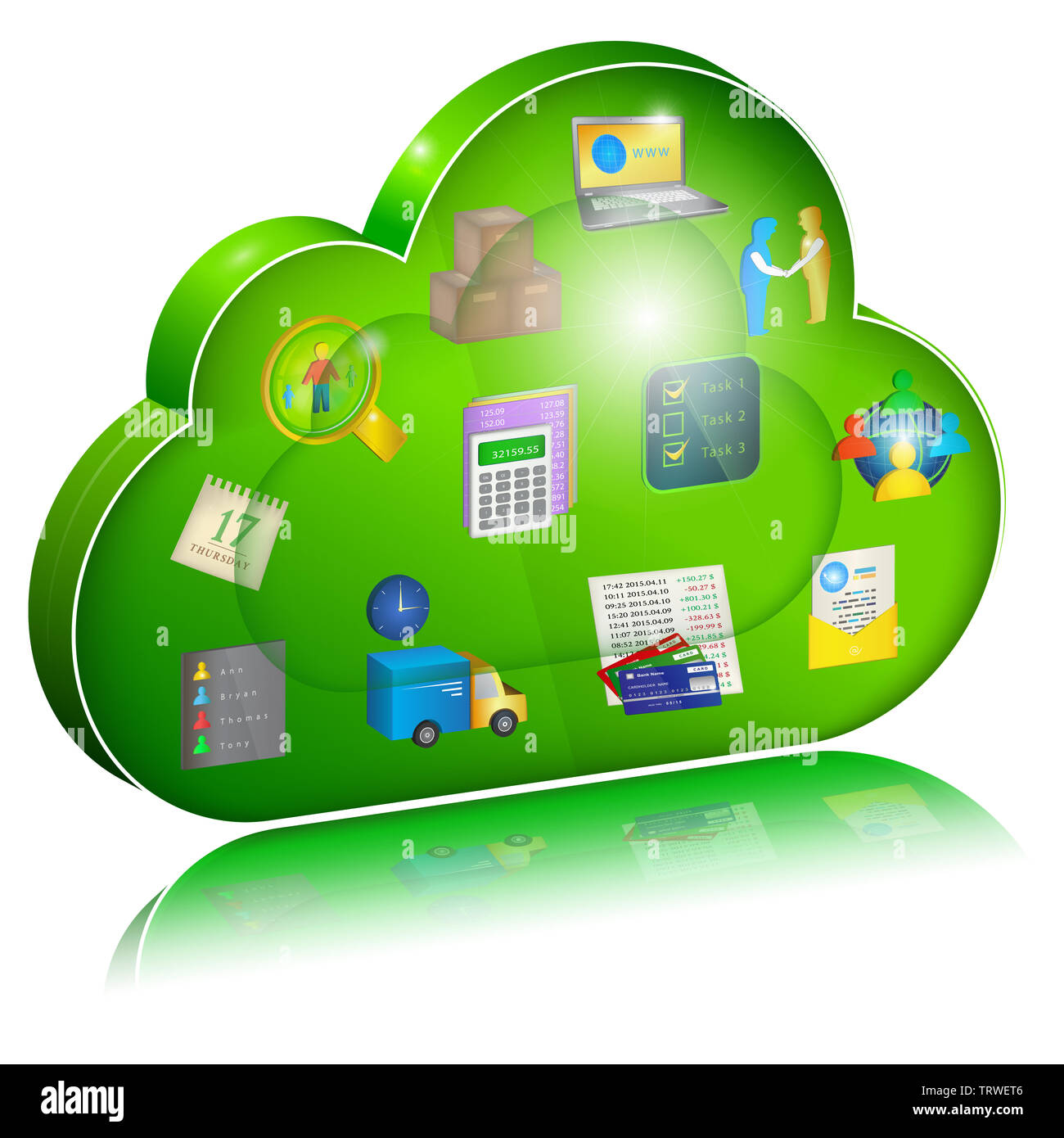 Processo di business icone nella nuvola verde: Contabilità,Banking,logistica,inventario contabilità,Scheduler, gestione del personale,appaltatori elenco,Electronic D Foto Stock