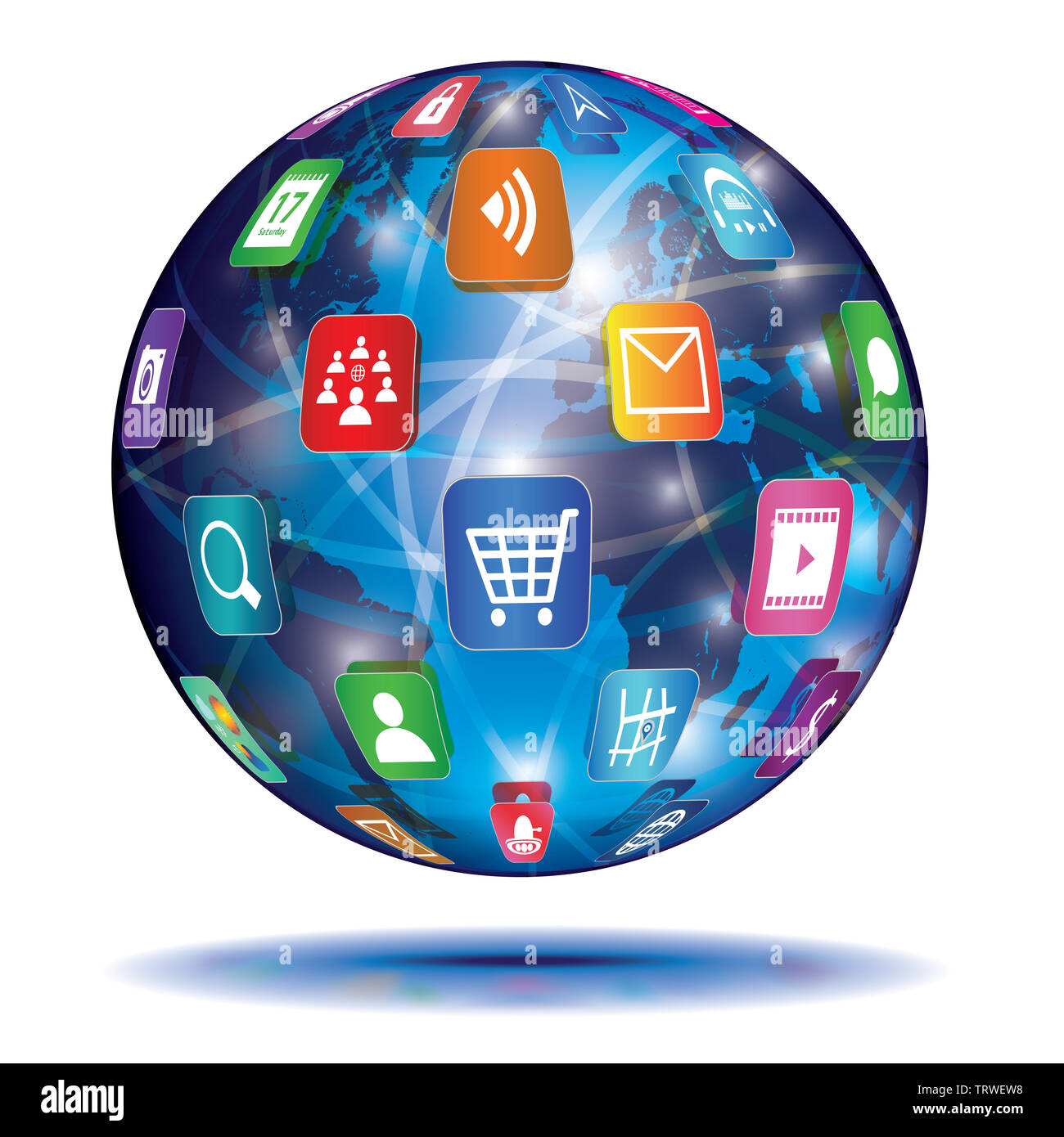 Concetto di Internet: Deep Blue Globe con colore applicazione web icone sulla sua superficie. Illustrazione Vettoriale, isolato su sfondo bianco. Foto Stock