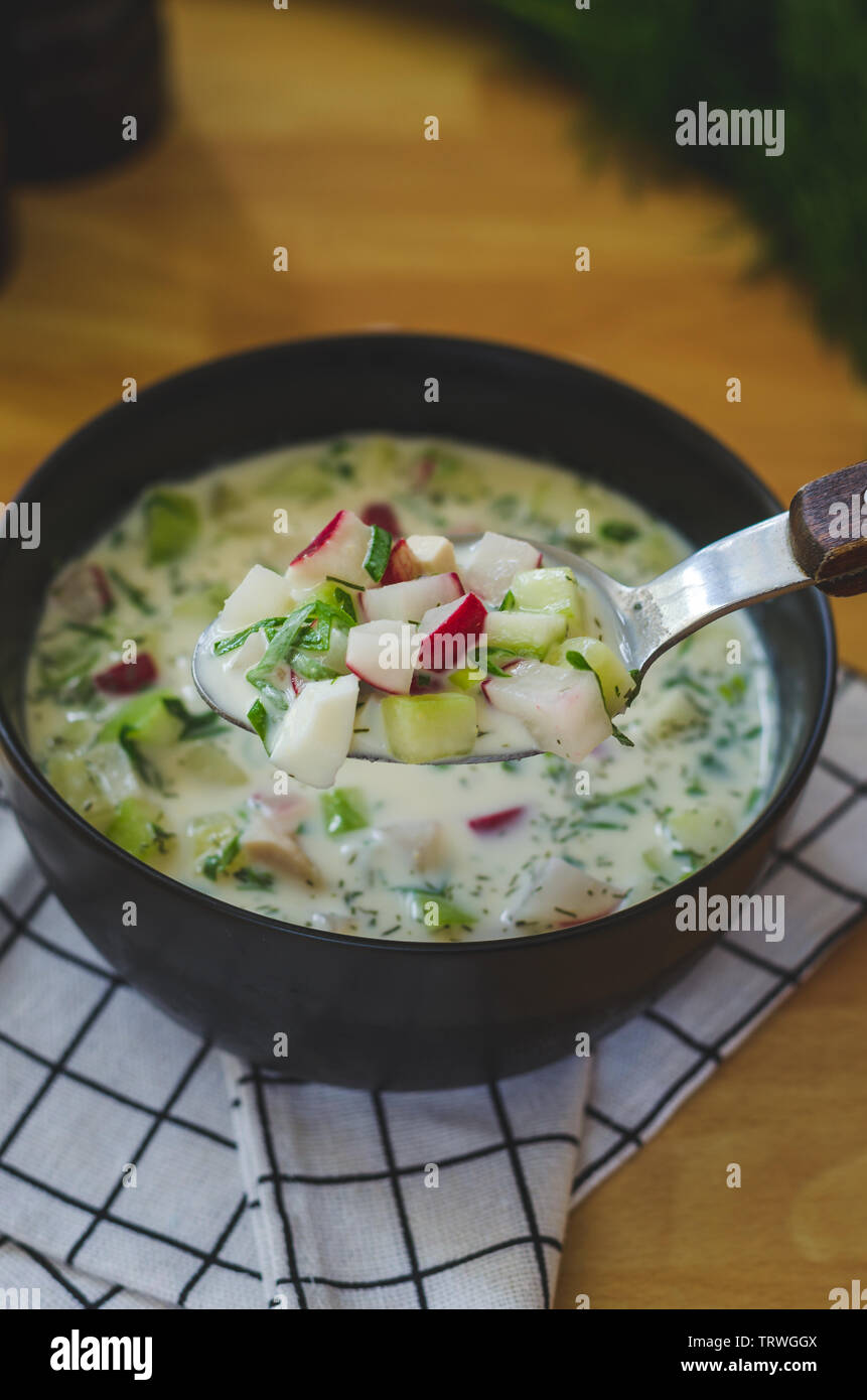 Tradizionale zuppa fredda Okroshka Foto Stock