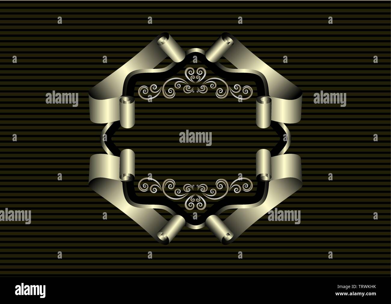 Originale telaio argento di rotearlo nastri con calligrafica ornamento in argento su di un nero lo sfondo a strisce Illustrazione Vettoriale