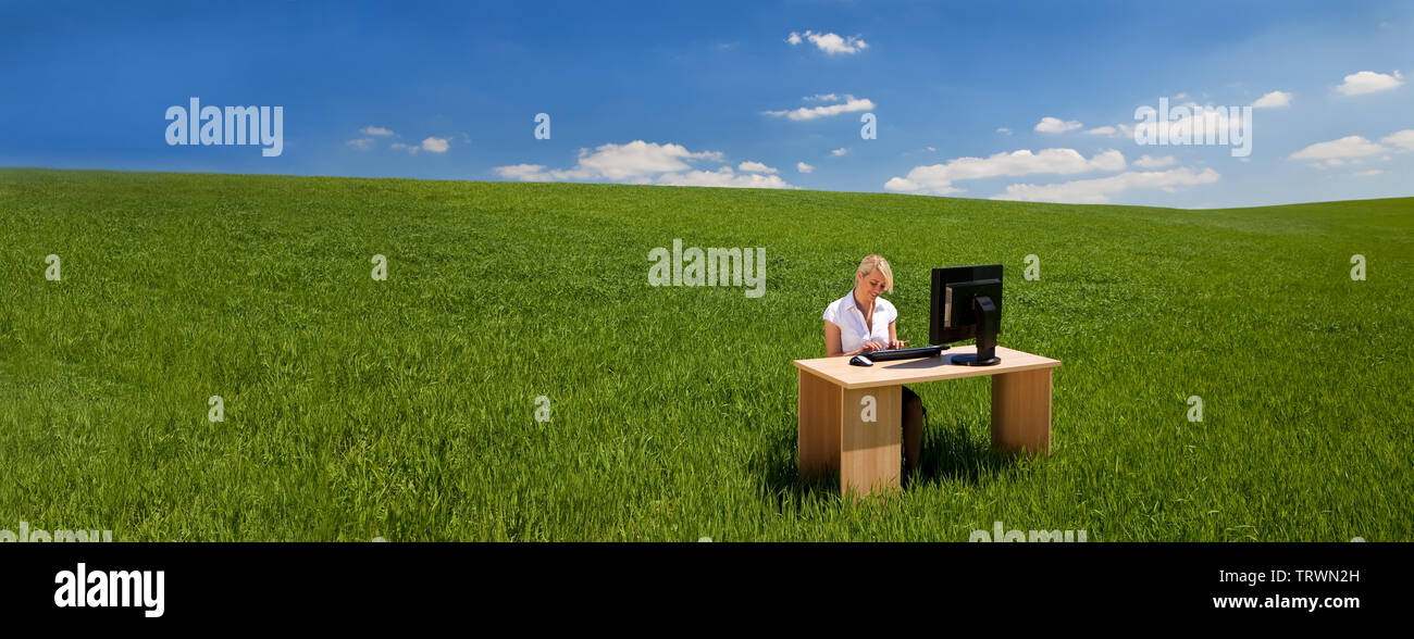 Panoramica banner web ambientale il concetto di business di una giovane e bella donna seduta a una scrivania utilizzando un computer in un campo verde con un blu brillante Foto Stock