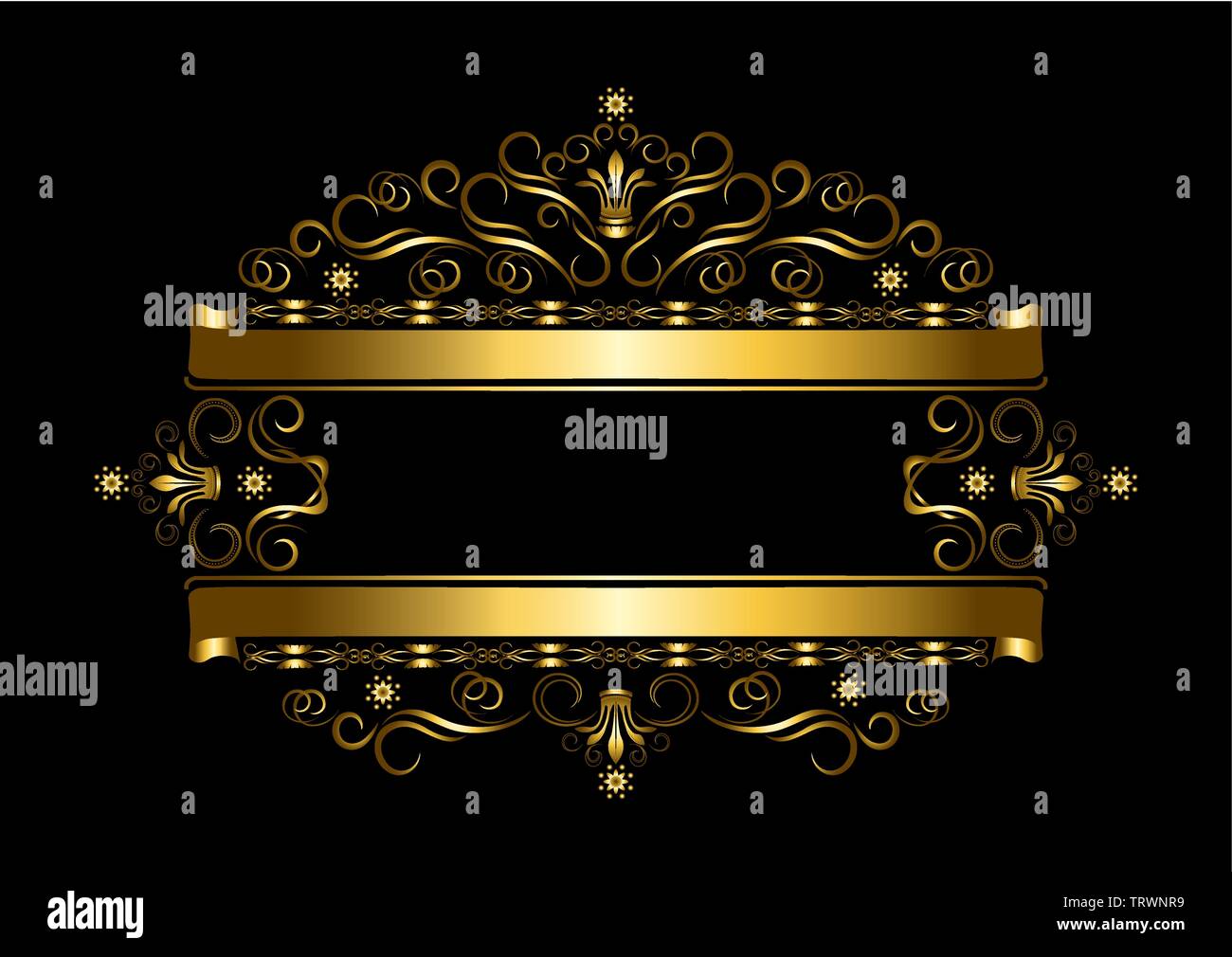 Vintage cornice dorata con corone e di dettagli calligrafico con doppio nastro su sfondo nero Illustrazione Vettoriale