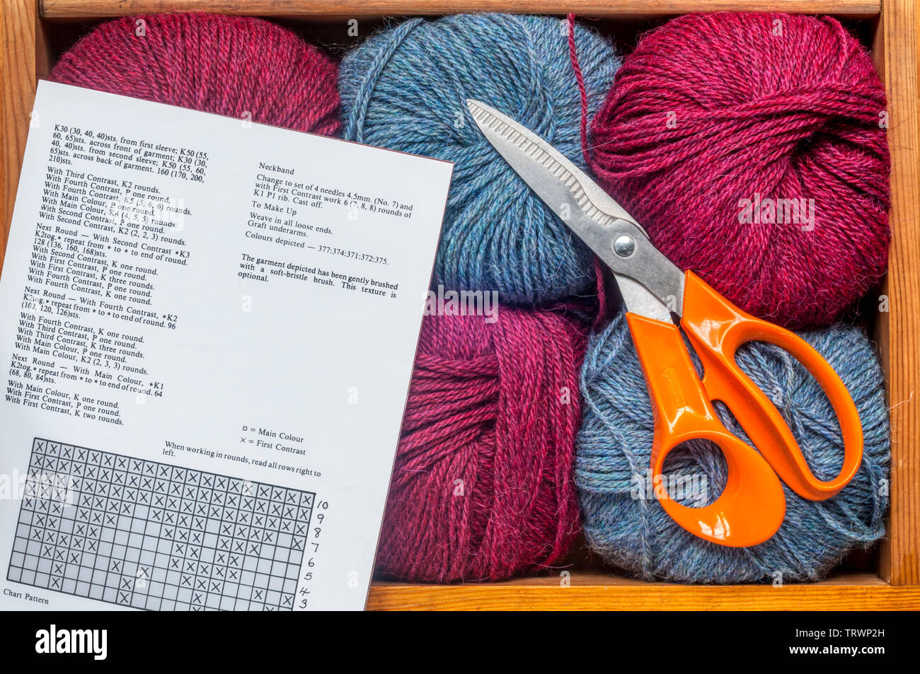 Pallini di lana per maglieria memorizzato in un cassetto insieme con un disegno di lavorazione a maglia e un paio di forbici. Foto Stock