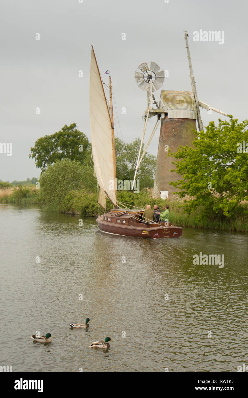 Tre uomini in barca a vela sul fiume Ant in barca a vela nella parte anteriore del fondo erboso Fen mulino di drenaggio, come Hill, Norfolk Broads, Regno Unito, maggio Foto Stock