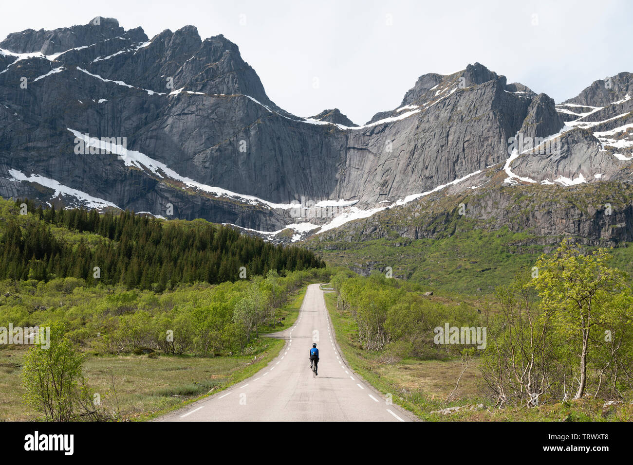 Femmina ciclista su strada a Nusfjord, Isole Lofoten in Norvegia. Foto Stock