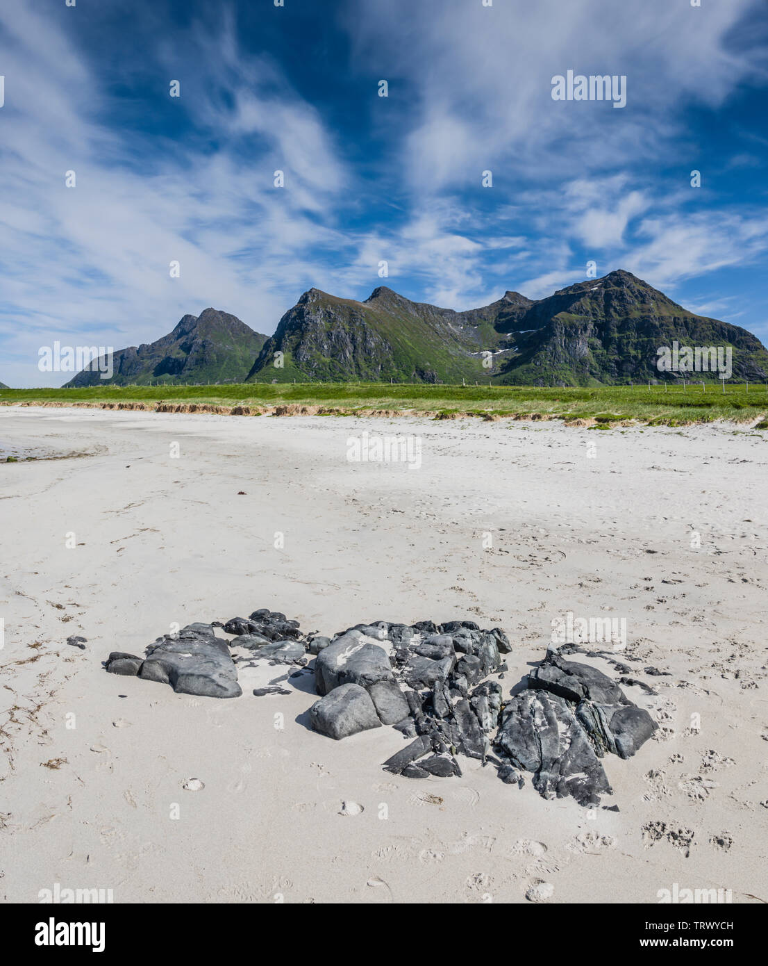 Spiaggia di Flakstad, Ramberg, isole Lofoten in Norvegia Foto Stock