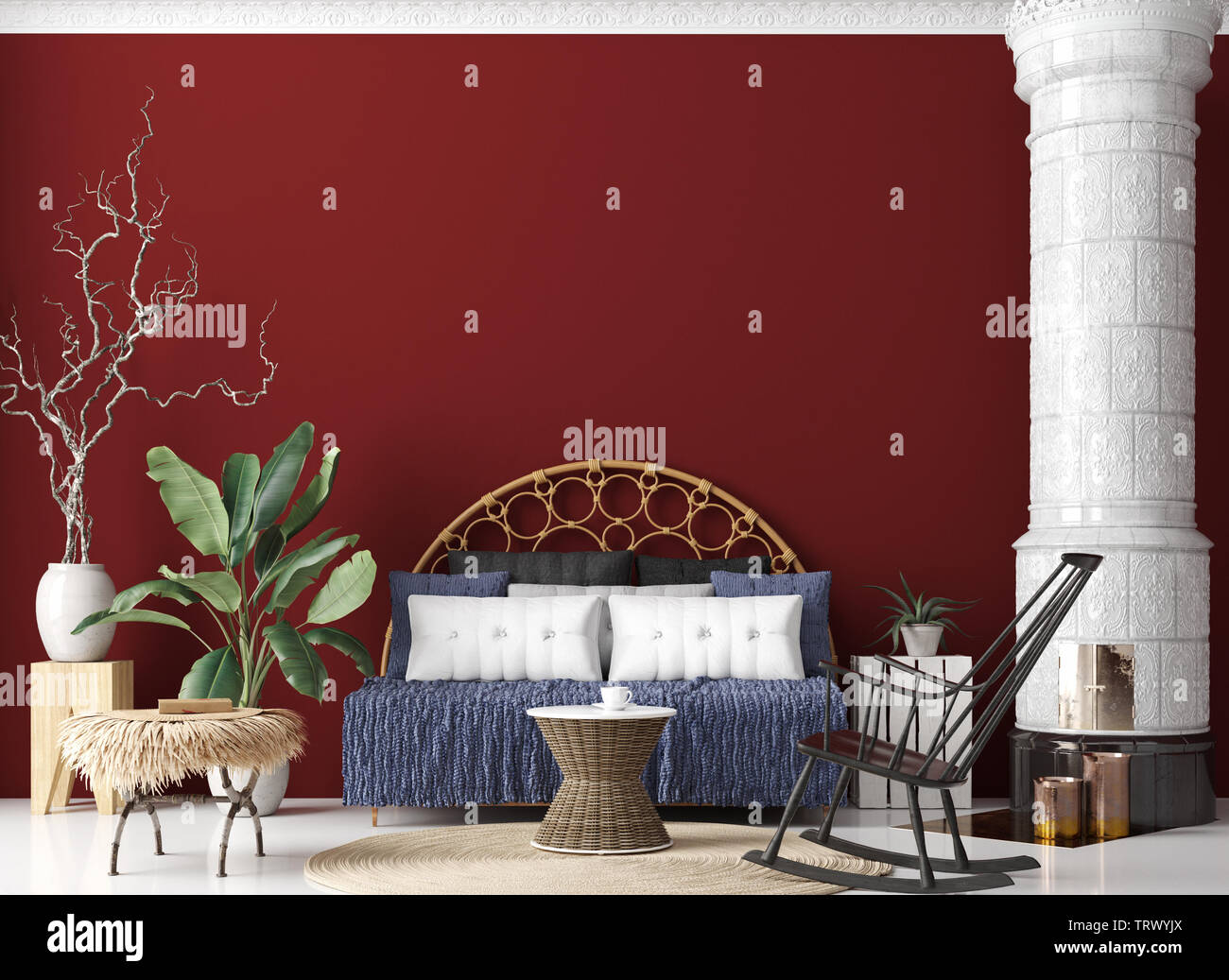 Soggiorno interno in stile bohemien, 3D render Foto Stock