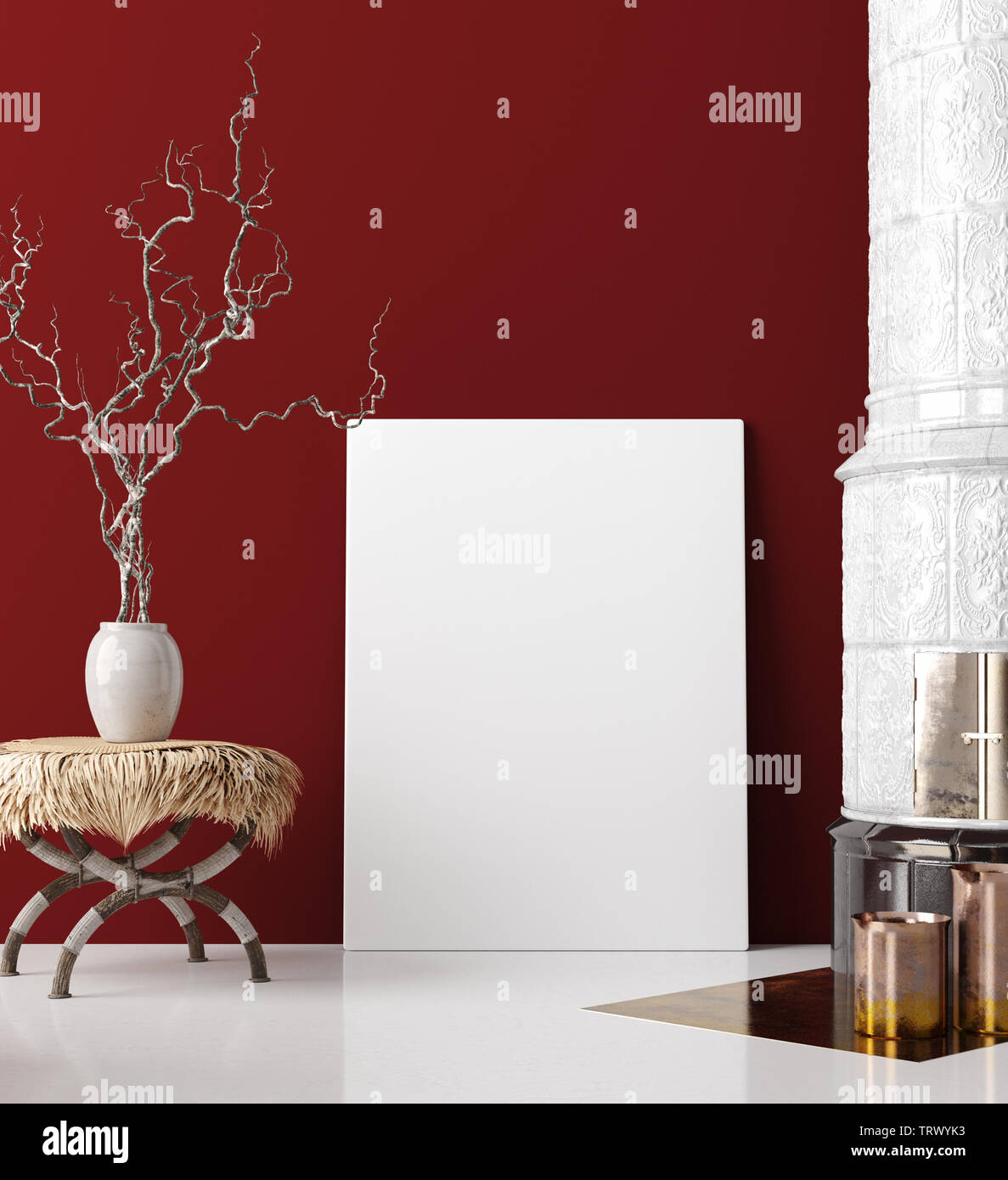 Mock up poster in living room interior, stile bohemien, 3D render Foto Stock