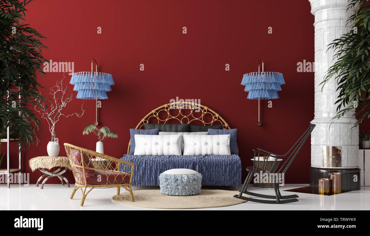 Soggiorno interno in stile bohemien, Vista panoramica, 3D render Foto Stock