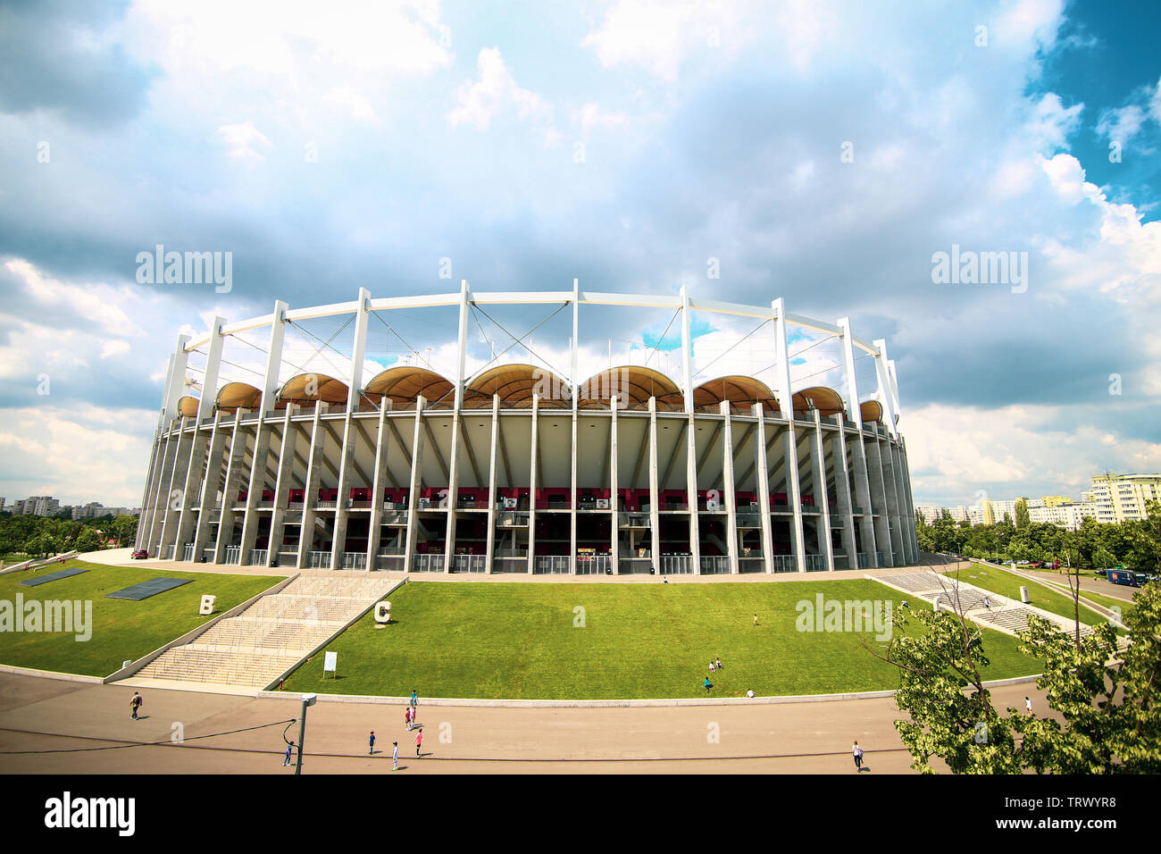 Bucarest, Romania - 24 Maggio 2019: Panoramica dell'edificio del National Arena Stadium. Foto Stock