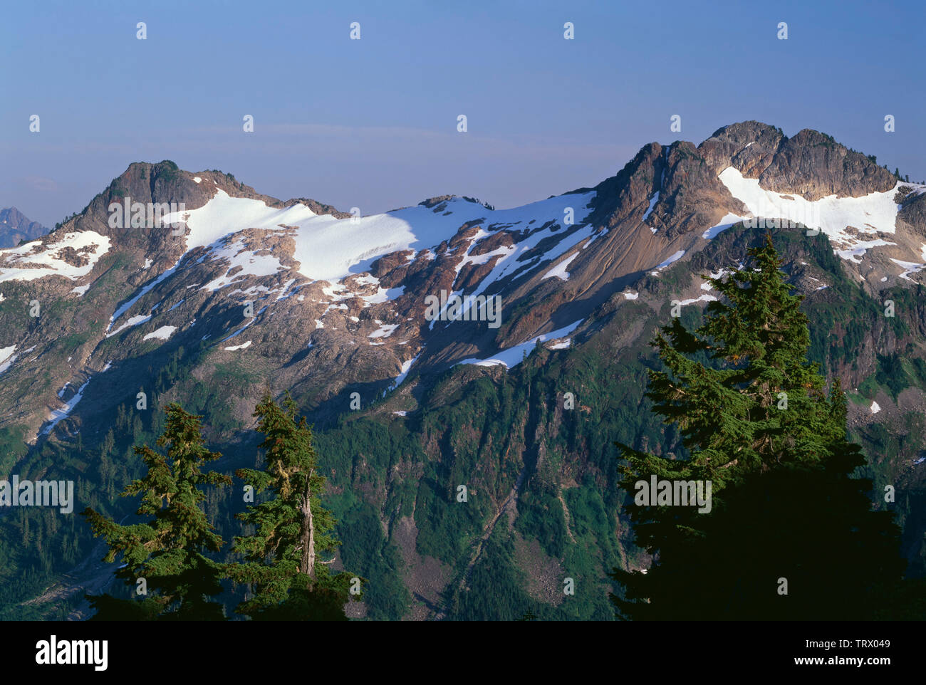 Stati Uniti d'America, Washington, Mt. Baker Snoqualmie National Forest, vista da La corale Kulshan crinale verso unnamed cime sopra Swift Creek Valley, Mt. Baker deserto. Foto Stock