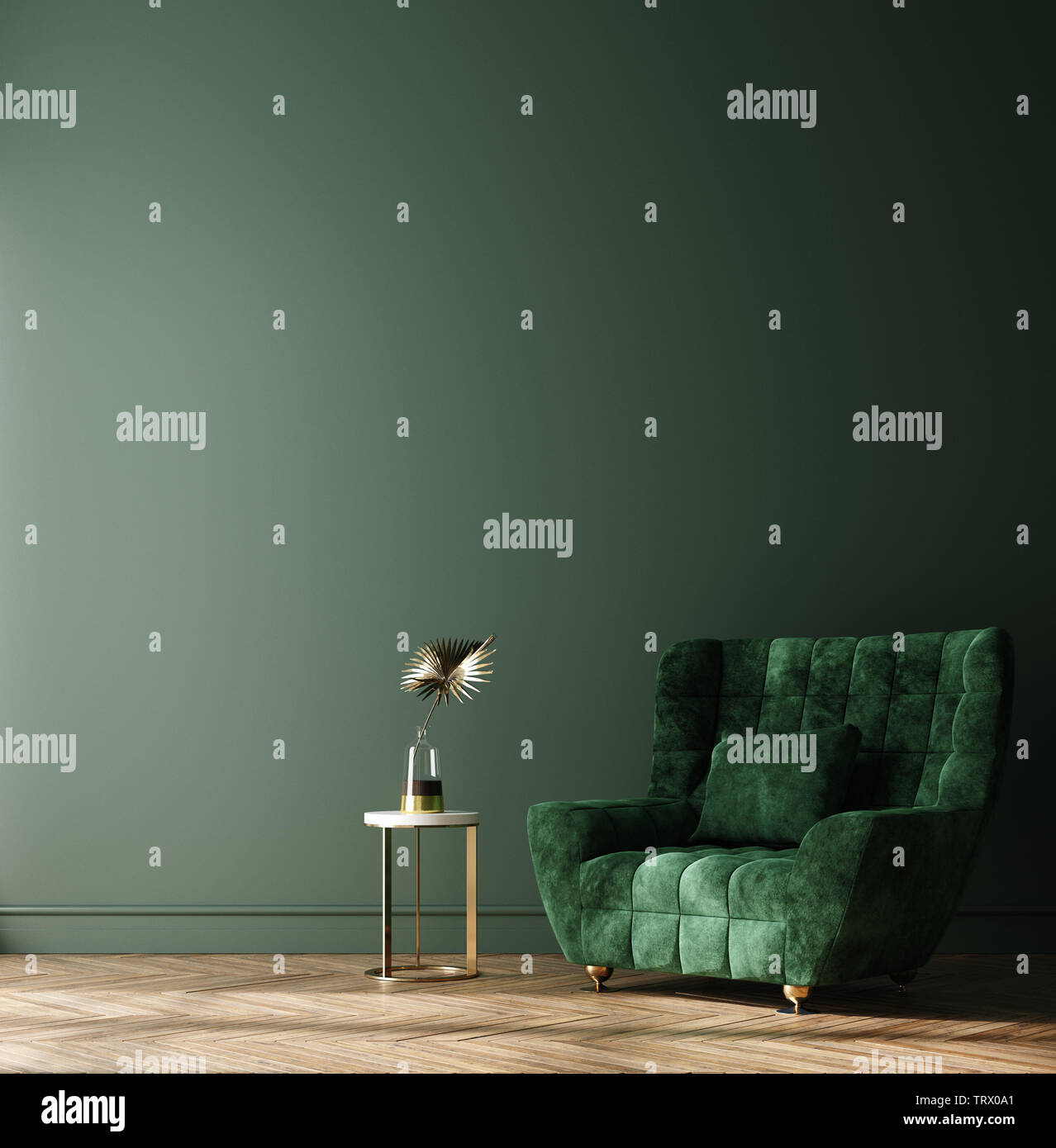 Home interior mock-up con divano verde, tavola e decor in soggiorno, 3D render Foto Stock