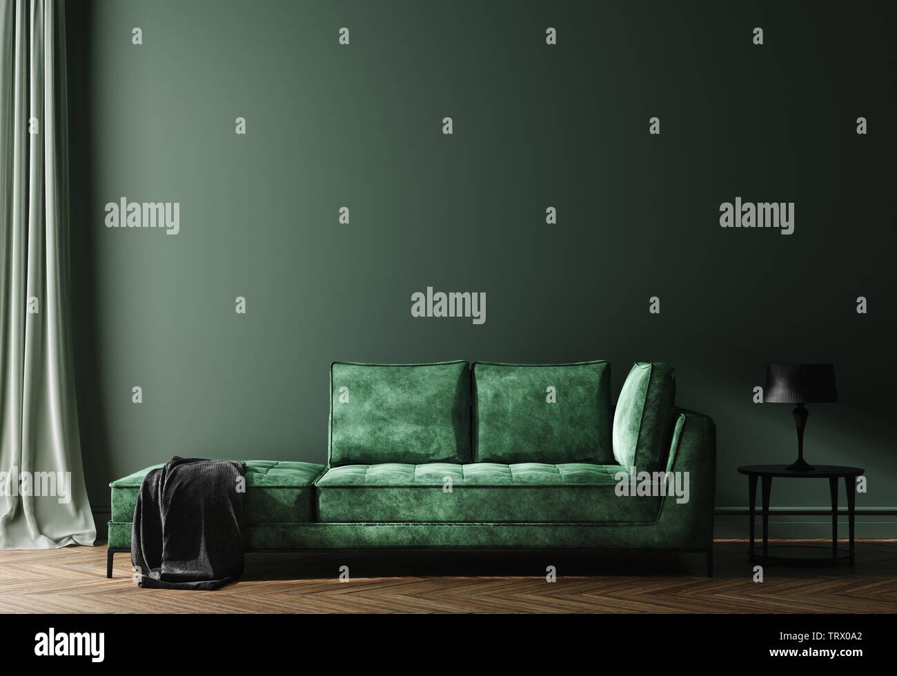Home interior mock-up con divano verde, tavola e decor in soggiorno, 3D render Foto Stock