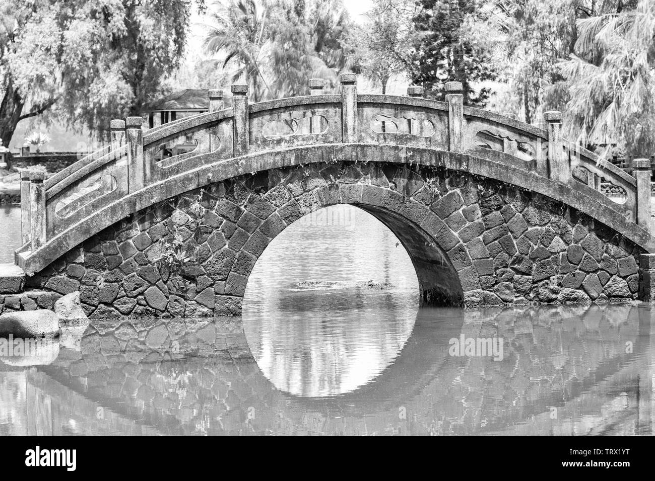 Ponte di collegamento tra due lati di un lago; Liliuokalani Gardens, Hilo, Hawaii Foto Stock