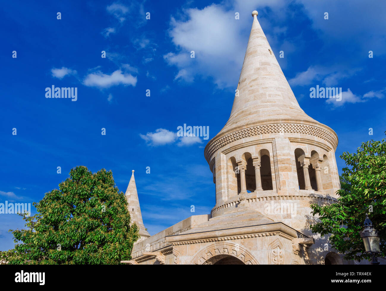 Caratteristiche torri coniche del Bastione del Pescatore a Budapest, un pubblico terrazza panoramica costruita in stile romanico alla fine del XIX secolo Foto Stock