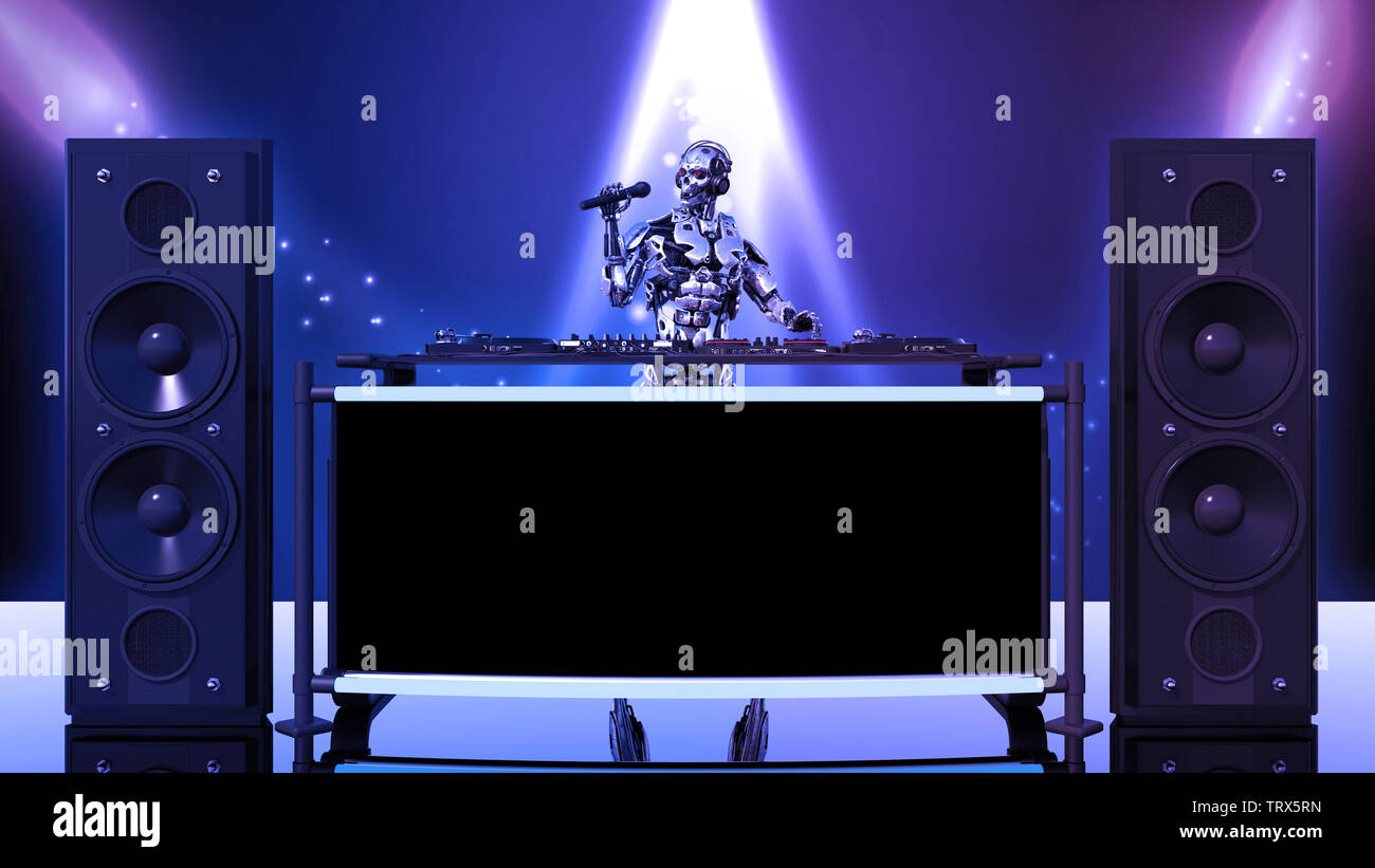 DJ Robot, disc jockey cyborg con microfono riproduzione di musica sul giradischi, android sul palco con deejay Equipaggiamento audio, vista frontale, rendering 3D Foto Stock
