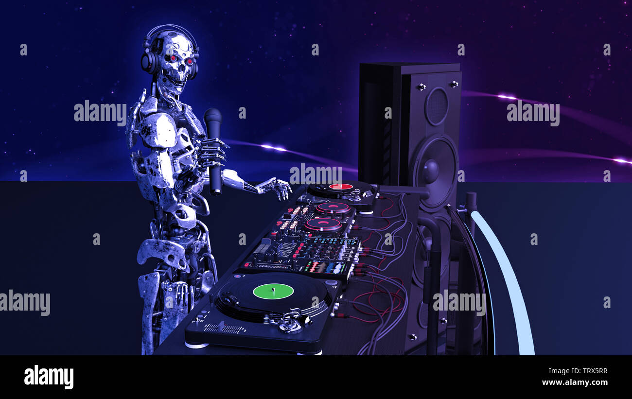 DJ Robot, disc jockey cyborg con microfono riproduzione di musica sul giradischi, android sul palco con deejay Equipaggiamento audio, vista laterale, rendering 3D Foto Stock