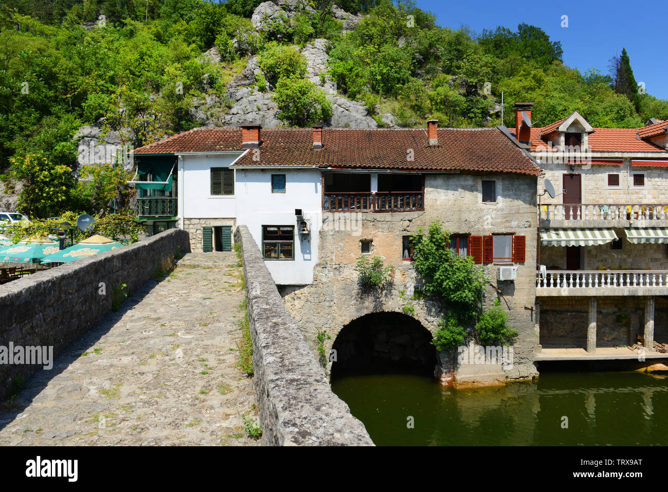 Il fiume ponte Crnojevića a Rijeka Crnojevića, Montenegro. Foto Stock