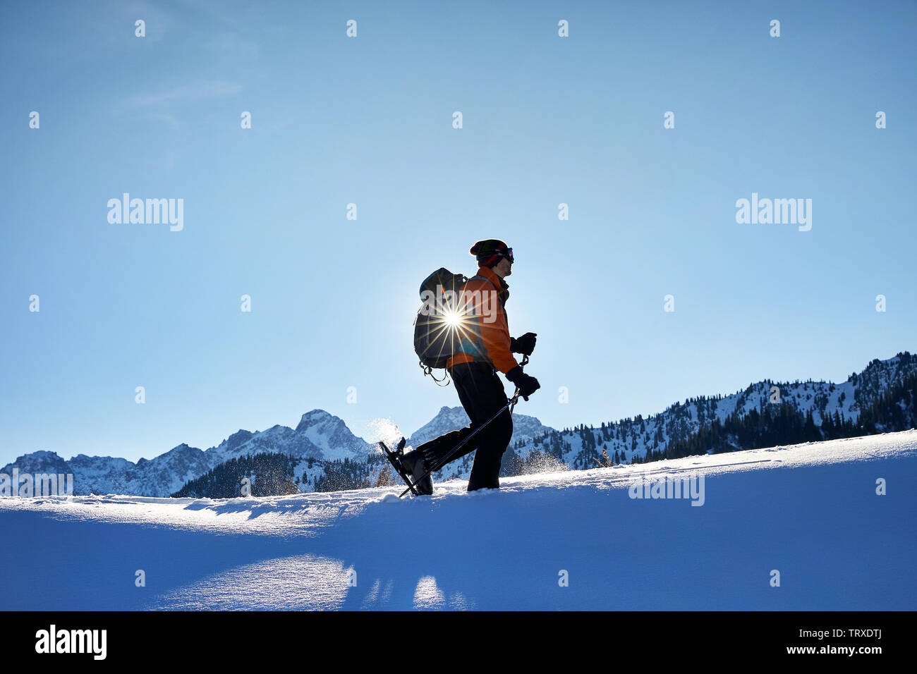 Uomo in silhouette sciare sulla polvere fresca neve a montagne contro il cielo sereno vicino a Almaty, Kazakhstan Foto Stock