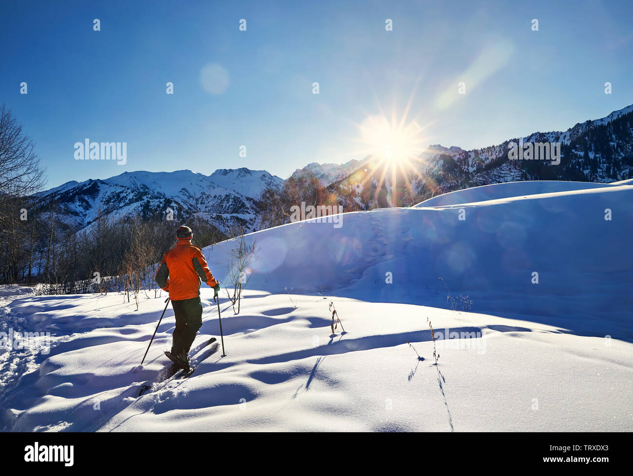 L'uomo sciare sulla polvere fresca neve a montagne contro il sole al tramonto in Almaty, Kazakhstan Foto Stock