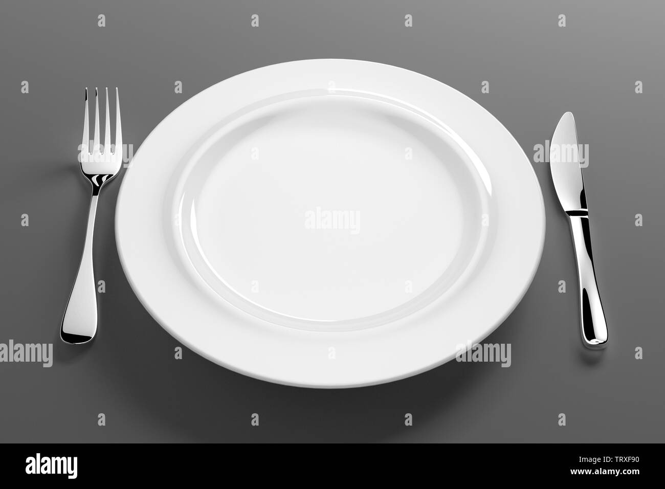 Di colore bianco porcellana posateria con posate in argento - Illustrazione Foto Stock