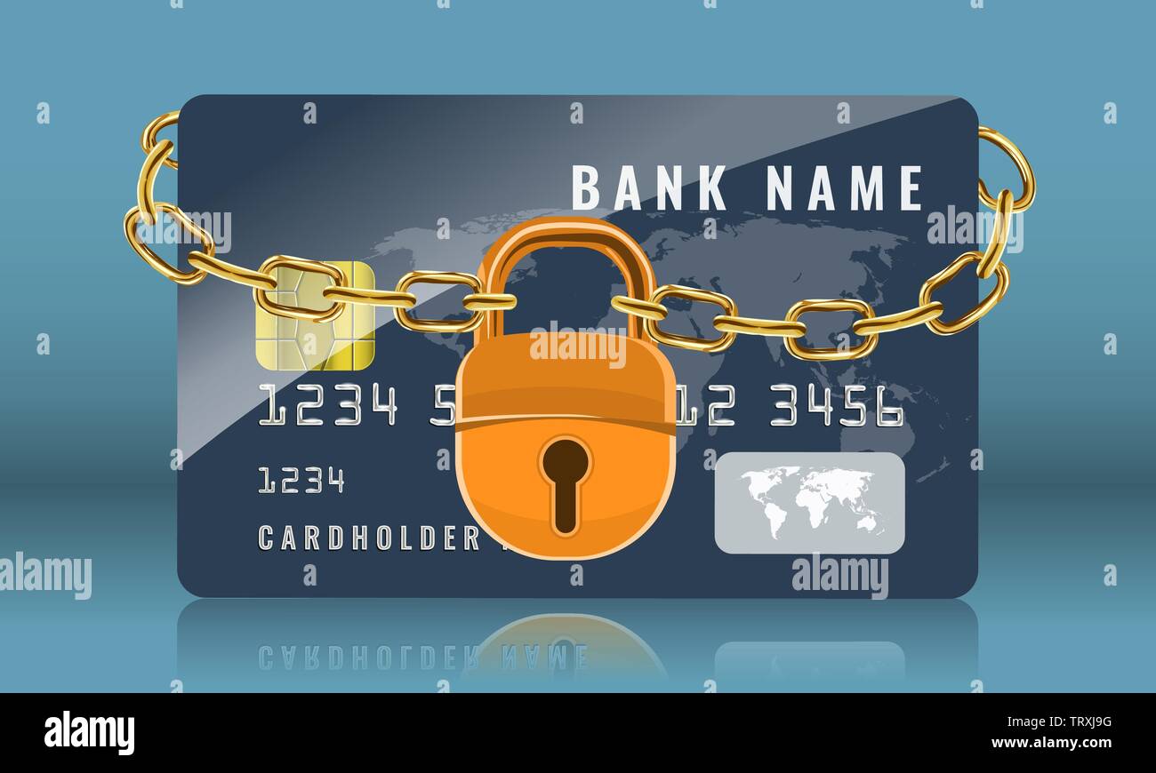 Carta di credito bloccata con aurea catena e lucchetto dorato. La protezione e la sicurezza del concetto. Illustrazione Vettoriale. Illustrazione Vettoriale