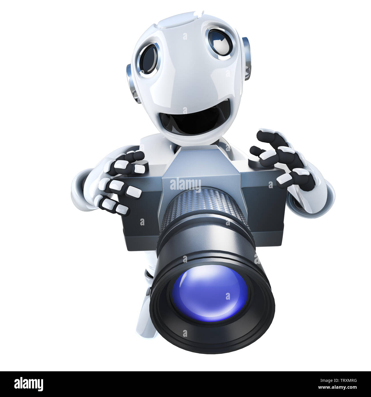 3D render di un divertente robot cartoon personaggio di scattare una foto con una fotocamera Foto Stock