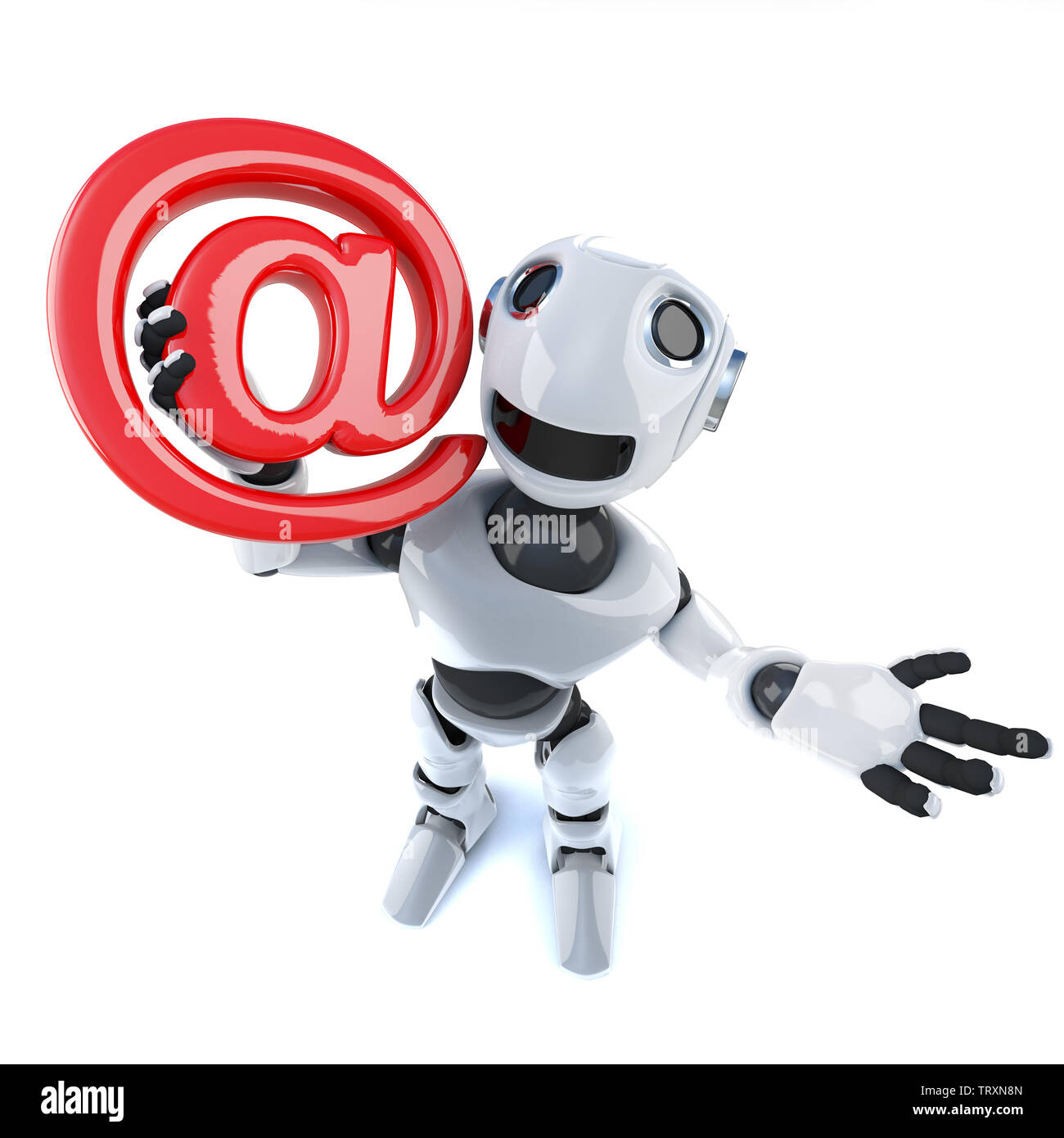 3D render di un divertente cartone animato robot meccanici personaggio in possesso di un indirizzo di posta elettronica simbolo Foto Stock