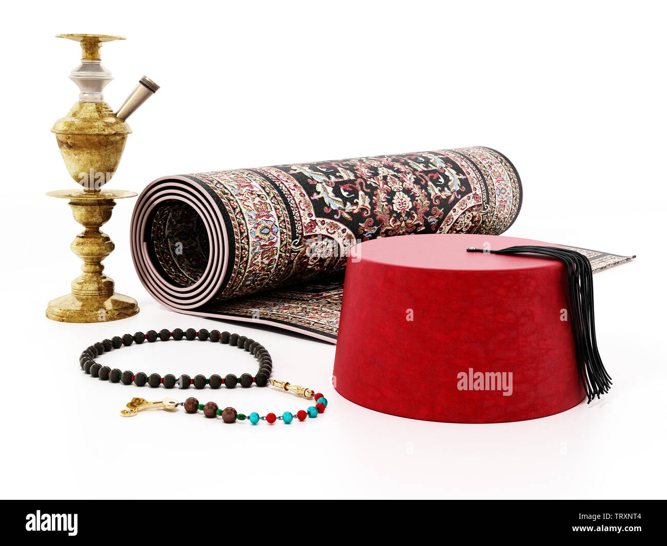 Red fez, moquette, grani di preghiera e narghilè. 3D illustrazione Foto Stock