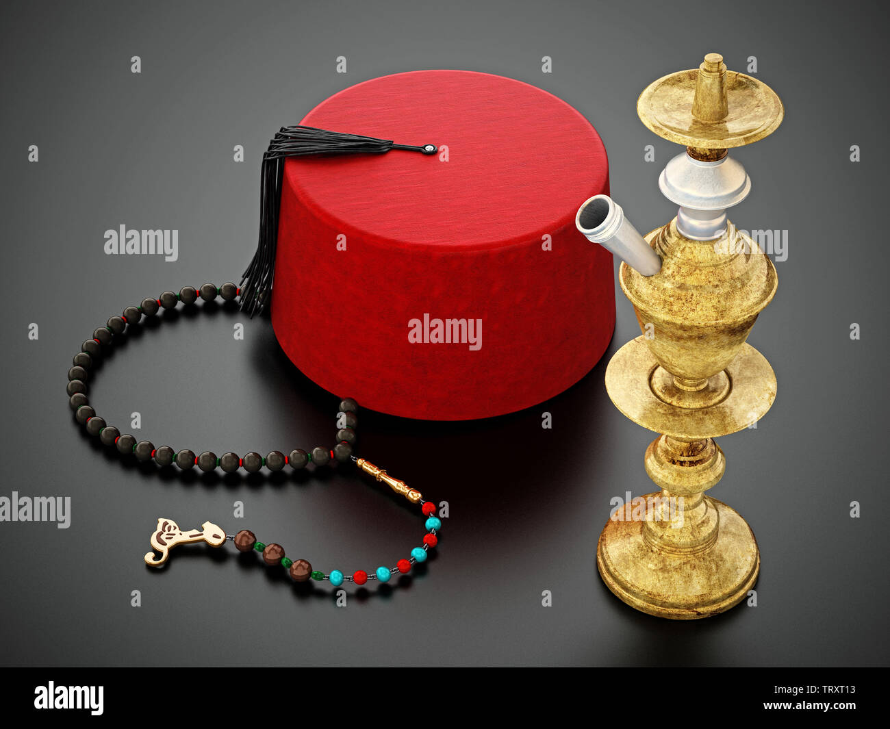 Red Hat di Fez, grani di preghiera e narghilè. 3D'illustrazione. Foto Stock