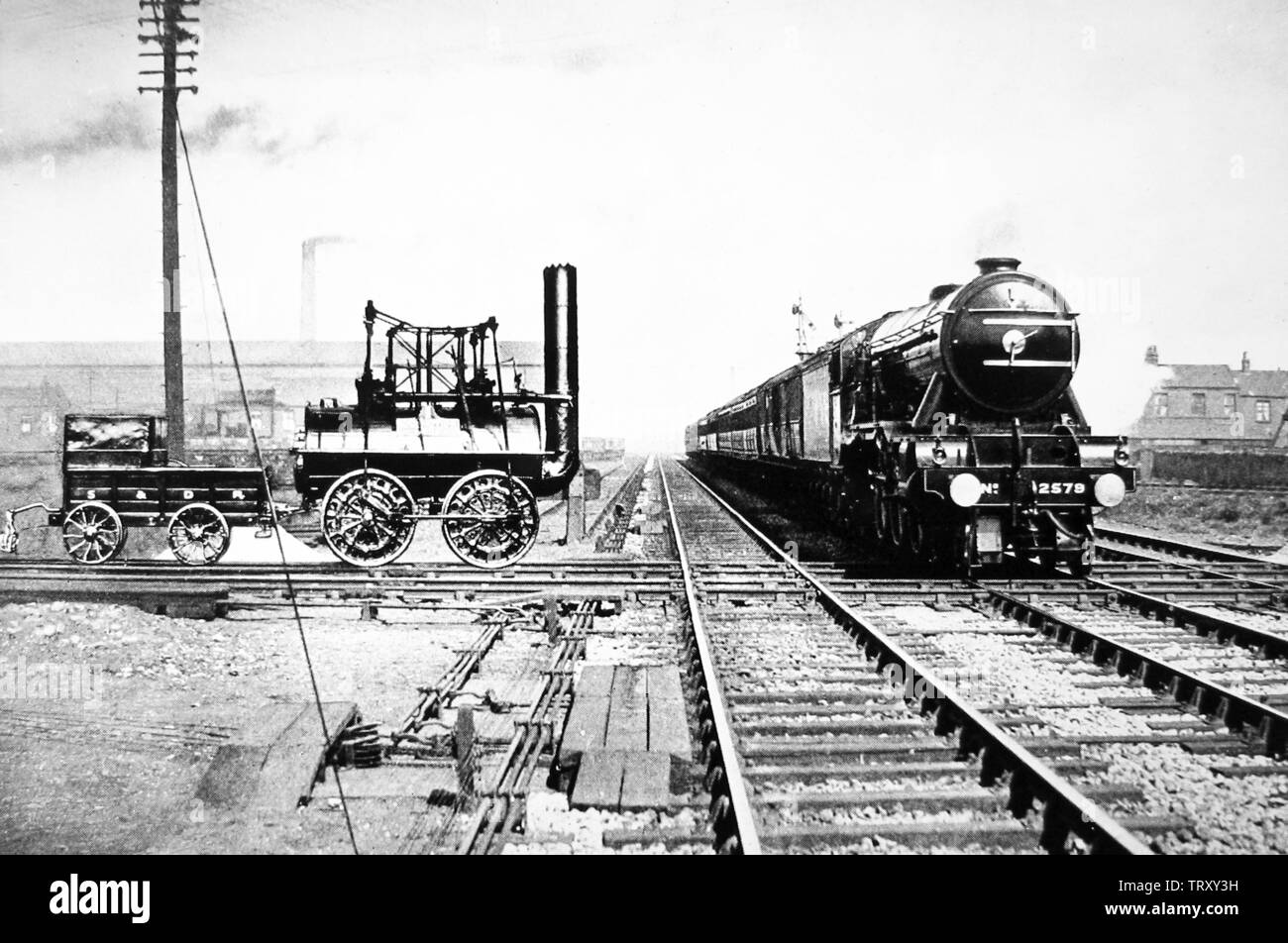 Immagine composita creata nel 1925 mostra Flying Scotsman e locomozione n. 1 a Darlington Foto Stock