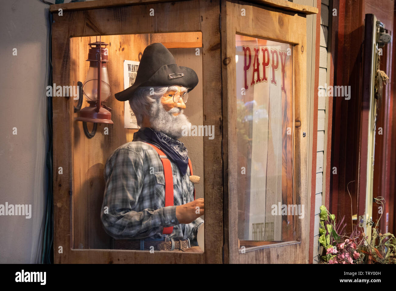 Una fiera macchina denominata Pappy in mostra presso lo storico Fort Worth Stockyards in Texas Foto Stock