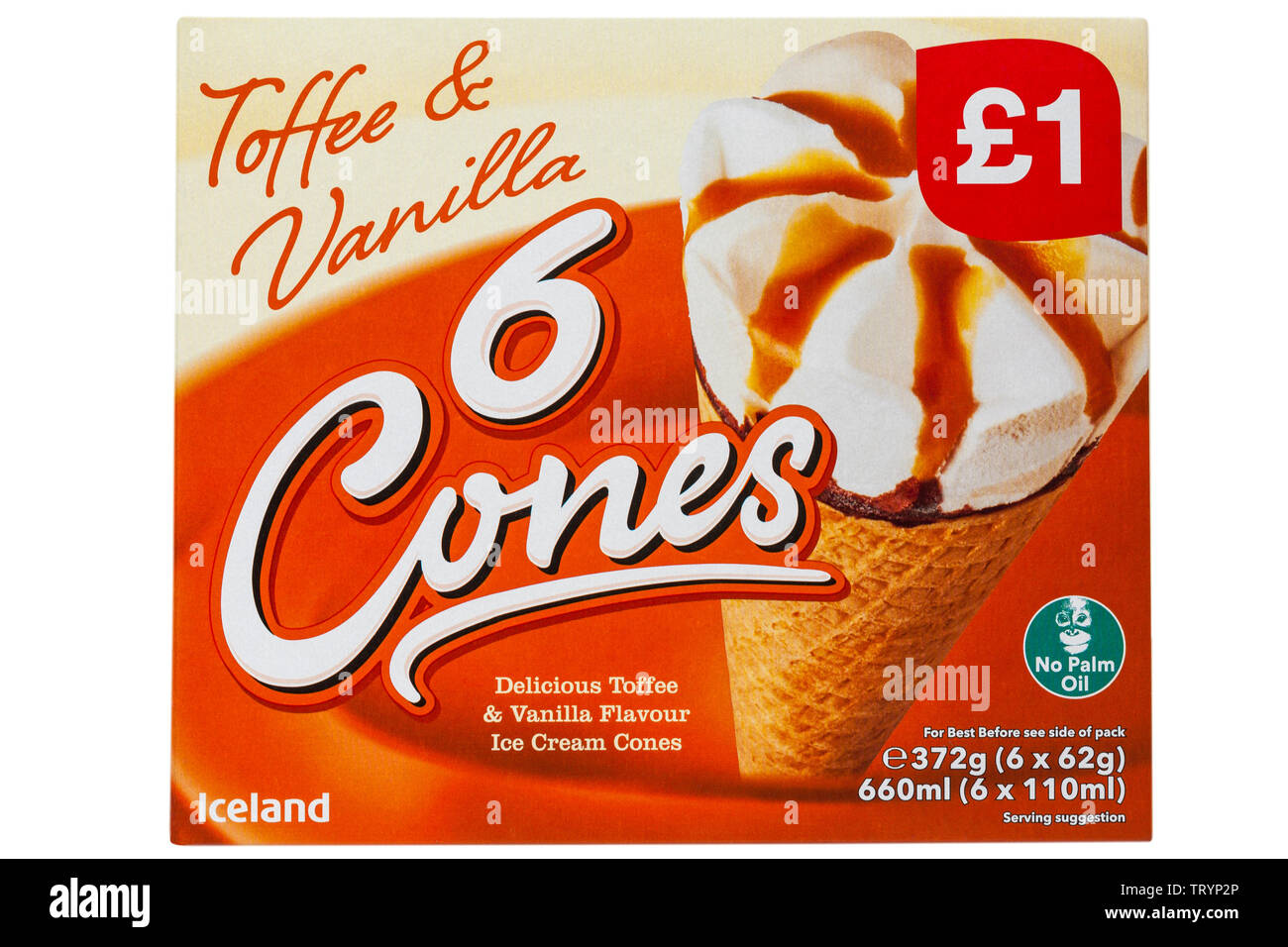 Scatola di Islanda Toffee & vaniglia 6 coni delizioso toffee & aroma vaniglia coni gelato isolati su sfondo bianco Foto Stock
