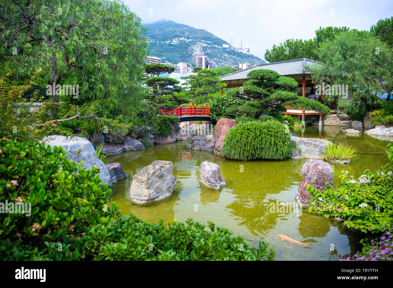 Giardini giapponesi nel Principato di Monaco in estate Foto Stock