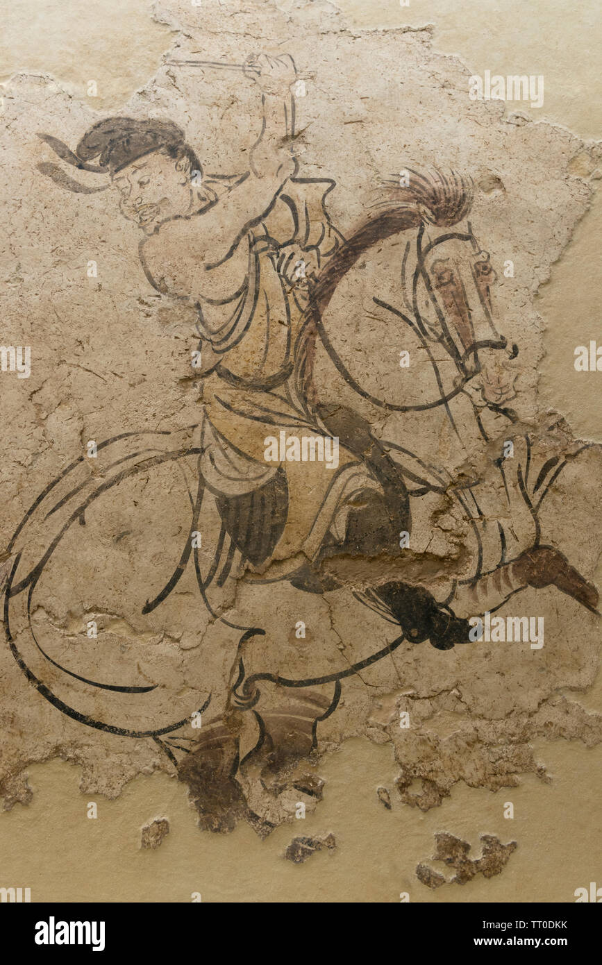 Parte di un murale, due giocatori di Polo, dalla tomba di Li Yong, dinastia Tang (618-907 CE) Foto Stock