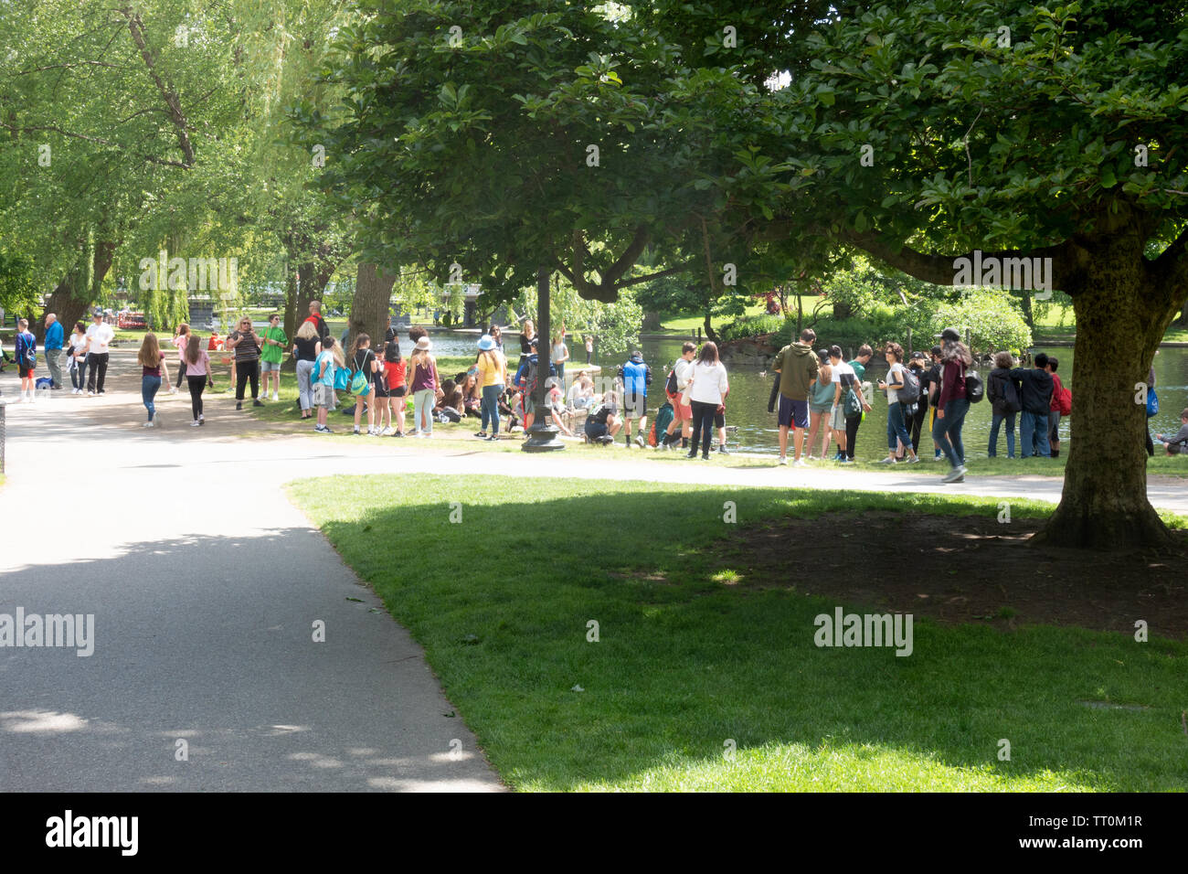 Persone di tutte le età godendo di un luminoso pomeriggio di primavera con adulti e bambini dalla laguna in Boston Public Garden Massachusetts Foto Stock