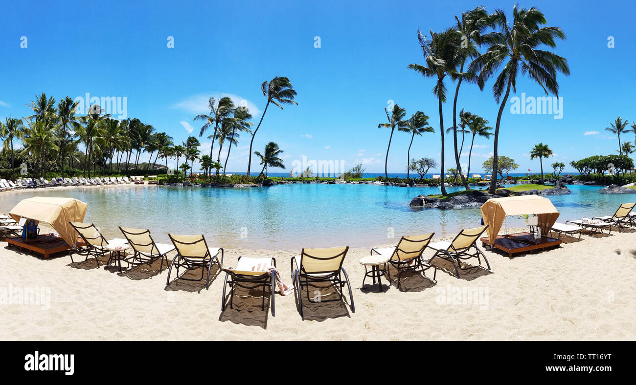 L'estate tropicale paradiso scena con sdraio in spiaggia schierate intorno a una chiara piscina Oasis in Hawaii Foto Stock