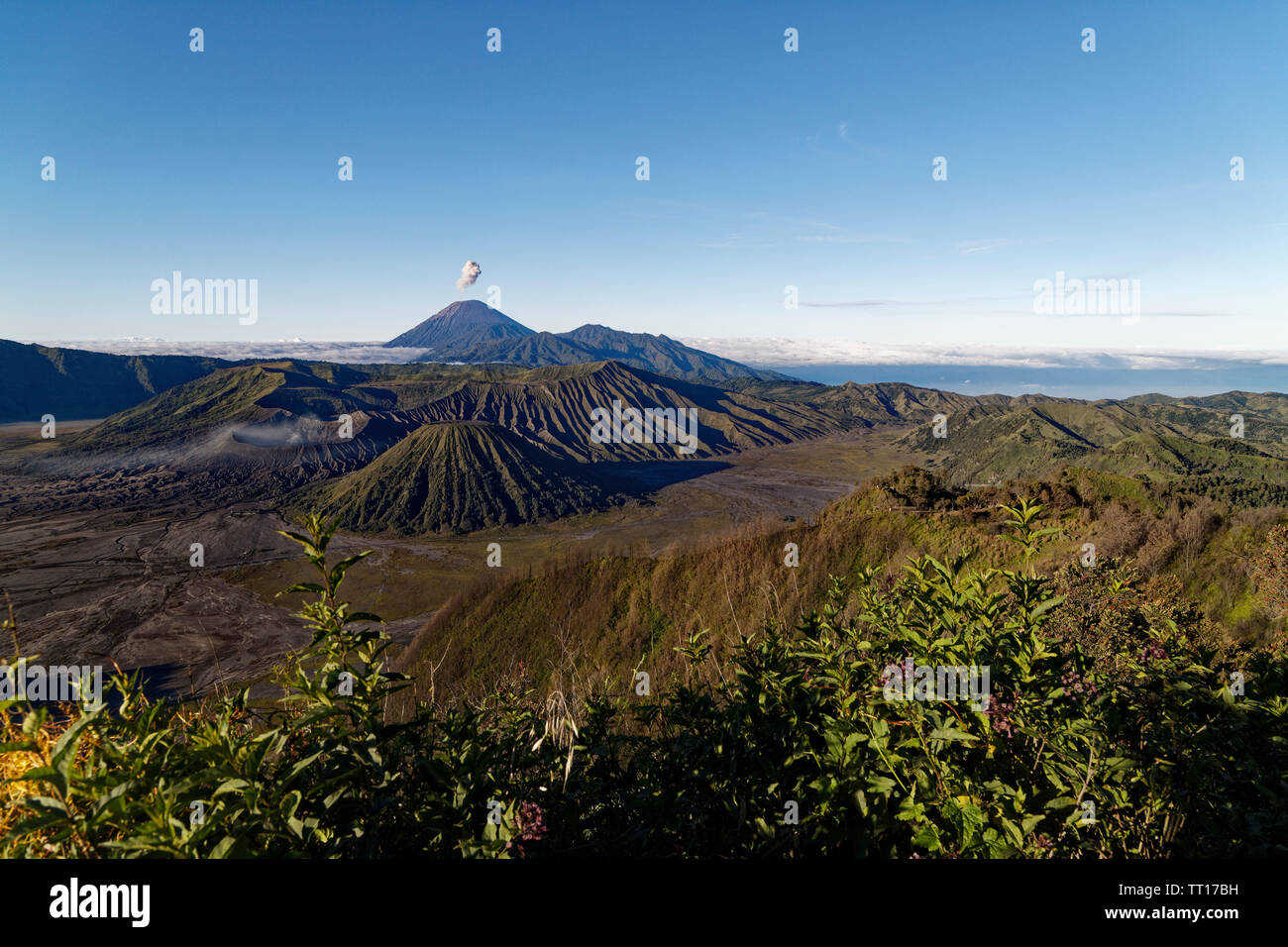 Il monte vulcano Bromo, Indonesia. Il 9 maggio, 2019. Alba sul fumo Gunung vulcano Bromo e il Tengger Semeru caldera all'alba dal punto di vista Foto Stock