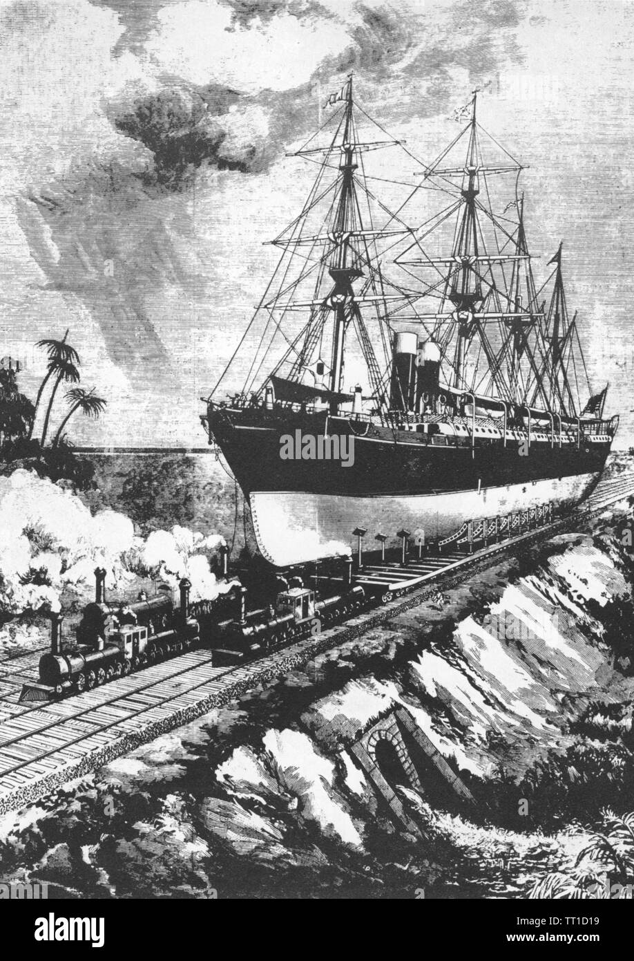 Canale di Panama illustrazione futuristico da Scientific American magazine nel 1884 mostra giant doppio locomotive boilerered tira una nave su una linea ferroviaria attraverso l'istmo di Panama Foto Stock