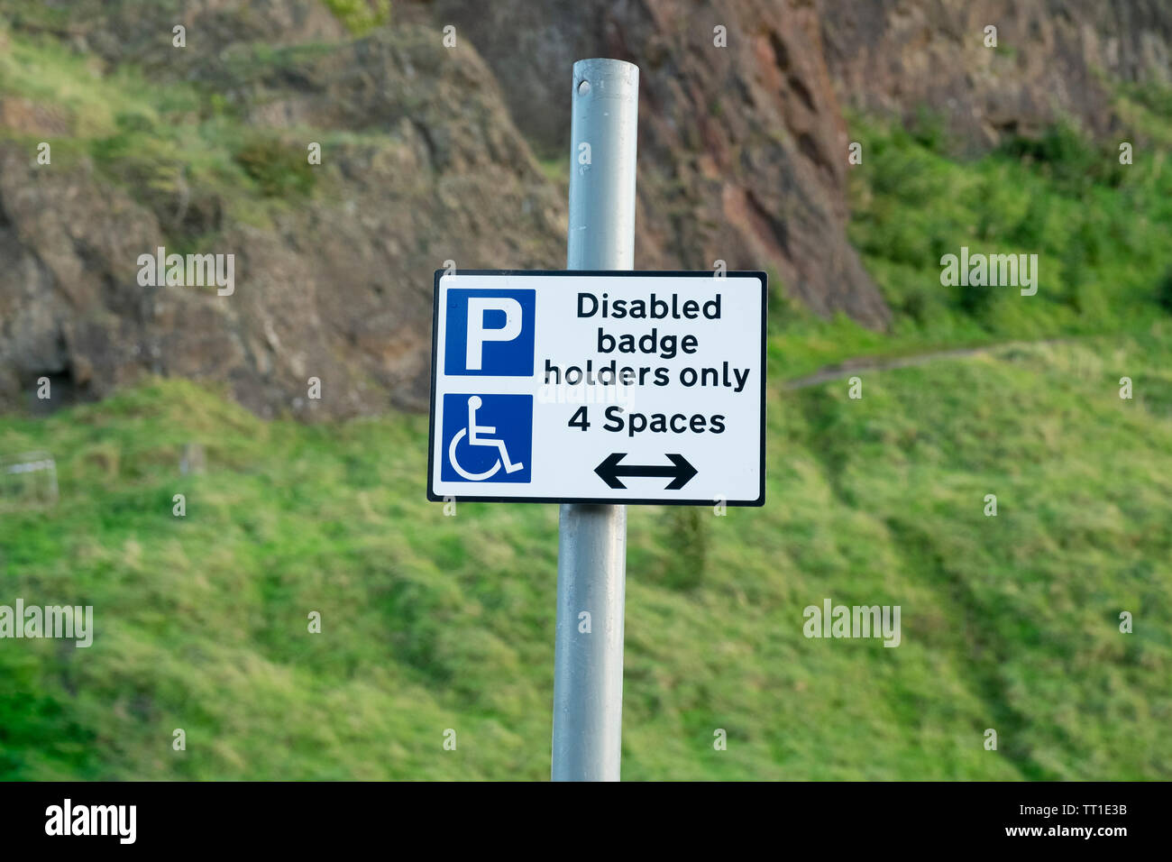 Badge disabili titolari solo segno di parcheggio nel parcheggio di Holyrood Park, Edimburgo, Scozia Foto Stock
