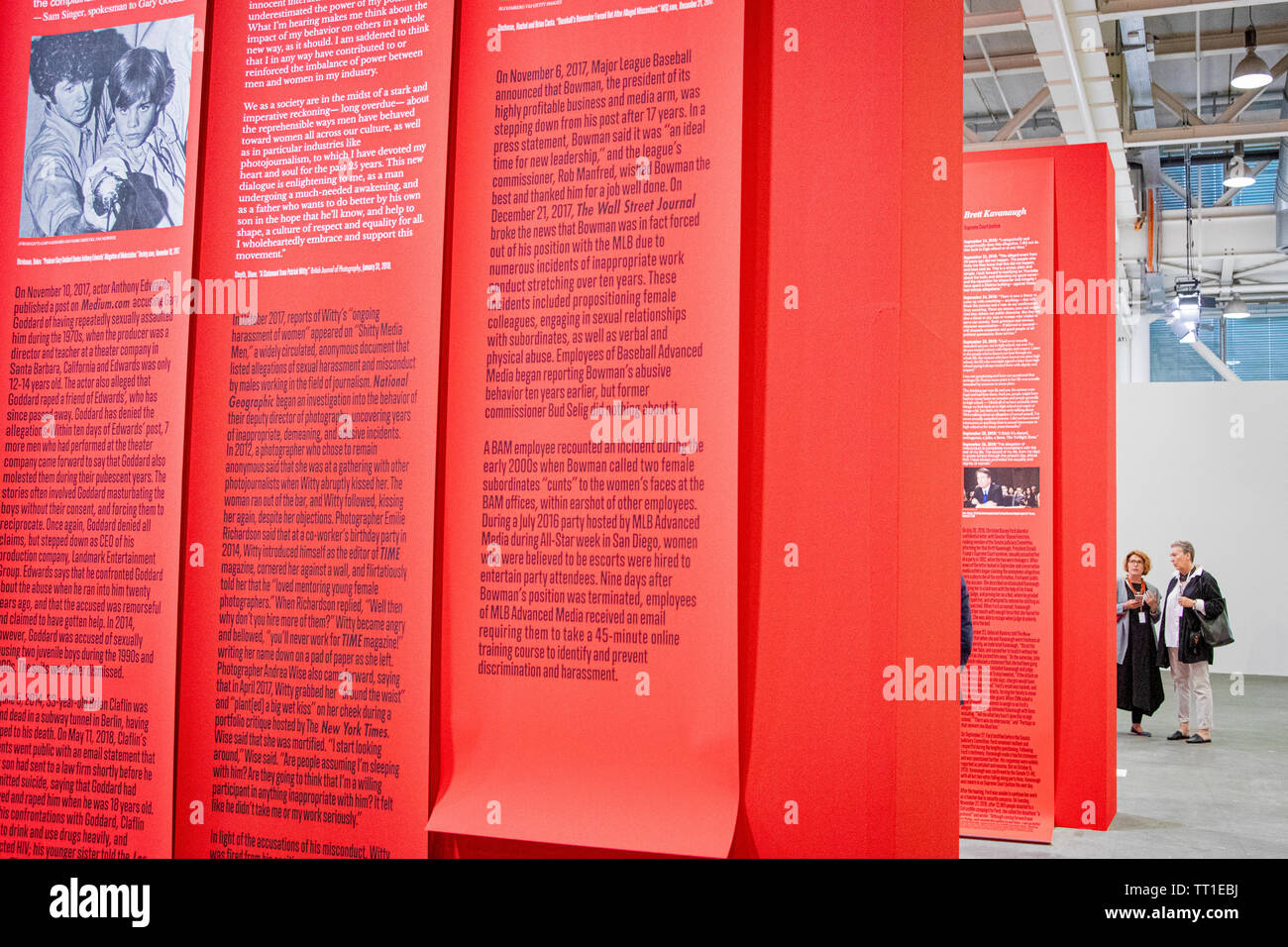 L'installazione 'Open " segreto " per artista e attivista Andrea Bowers. Su diverse righe che vanno dal pavimento al tetto, Bowers hanno pubblicato le immagini, presunte infrazioni e le risposte da uomini outed dalla #metoo e il tempo-movimento in Art Basel spazio illimitato. La quarantanovesima annuale di Art Basel Art Fair a Basilea. Foto Stock