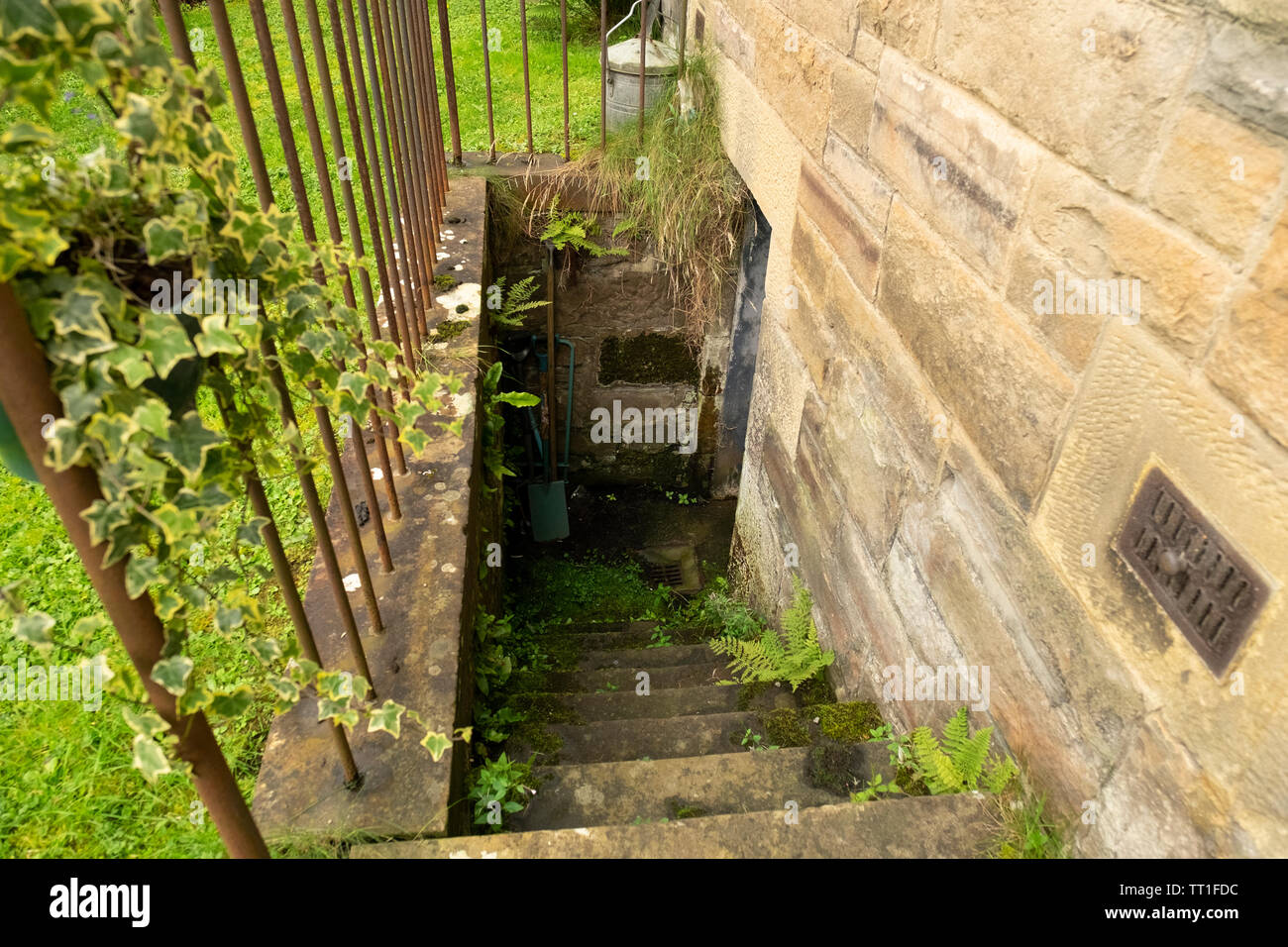 Panno di gradini di pietra fino al seminterrato esterno antico casamento, nel quartiere vittoriano di Morningside, Edimburgo, Scozia, Regno Unito Foto Stock