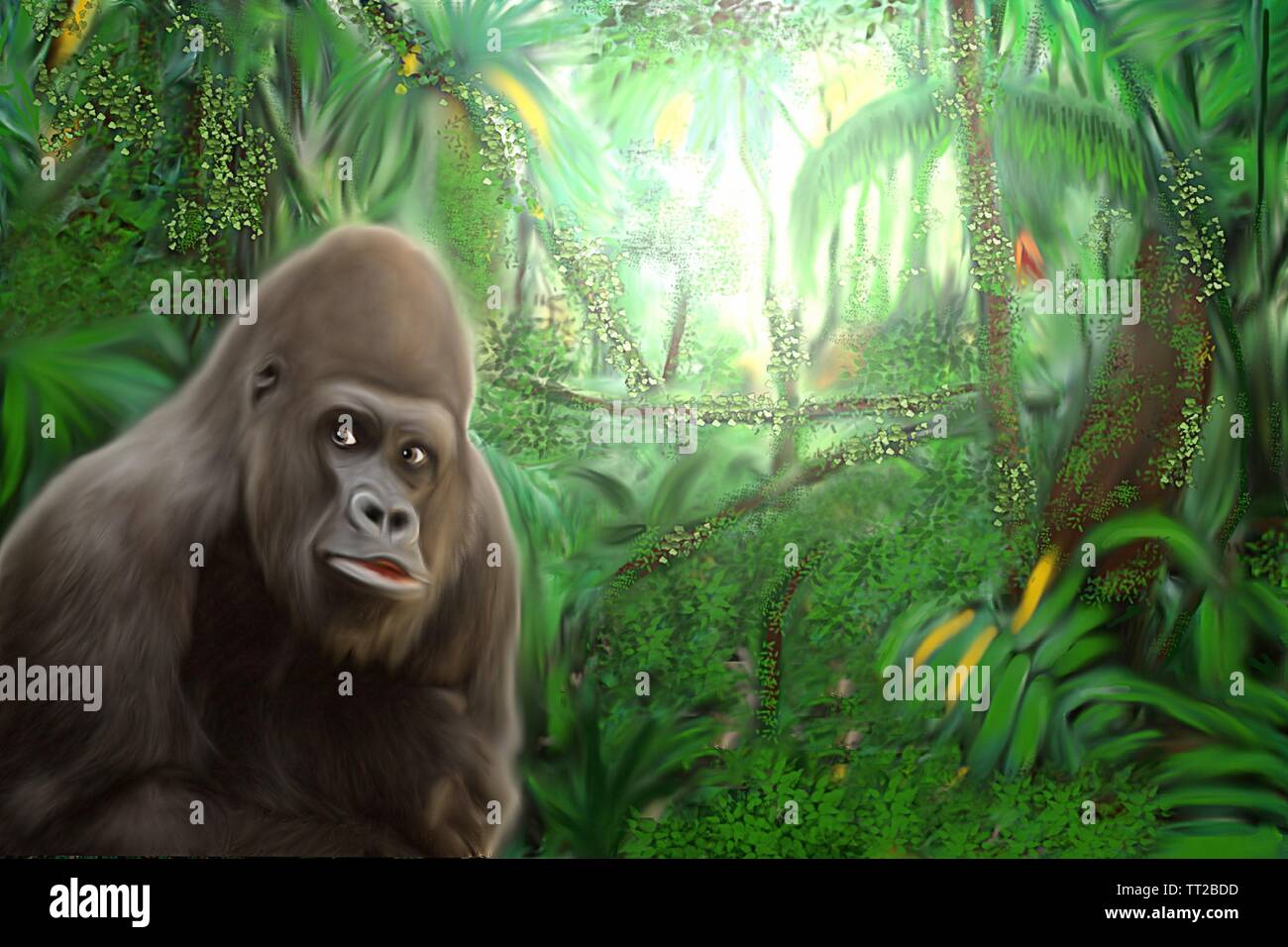 Gorilla nella giungla - pittura artistica di un gorilla in una giungla tropicale. Foto Stock